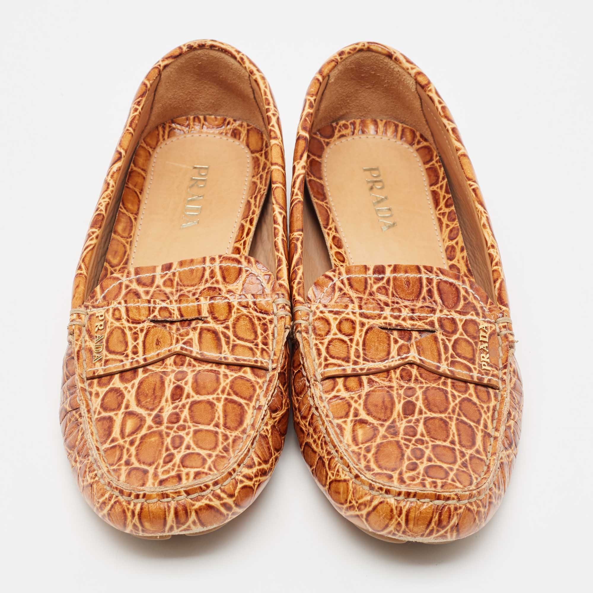 Prada Brown Crocodile Leather Slip On Loafers Size 40.5