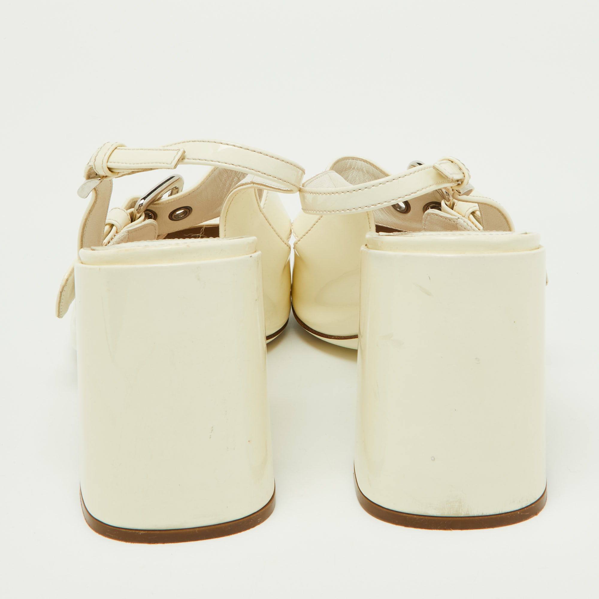 Prada Off White Patent Leather Mary Jane Slingback Block Heel Pumps Size 39