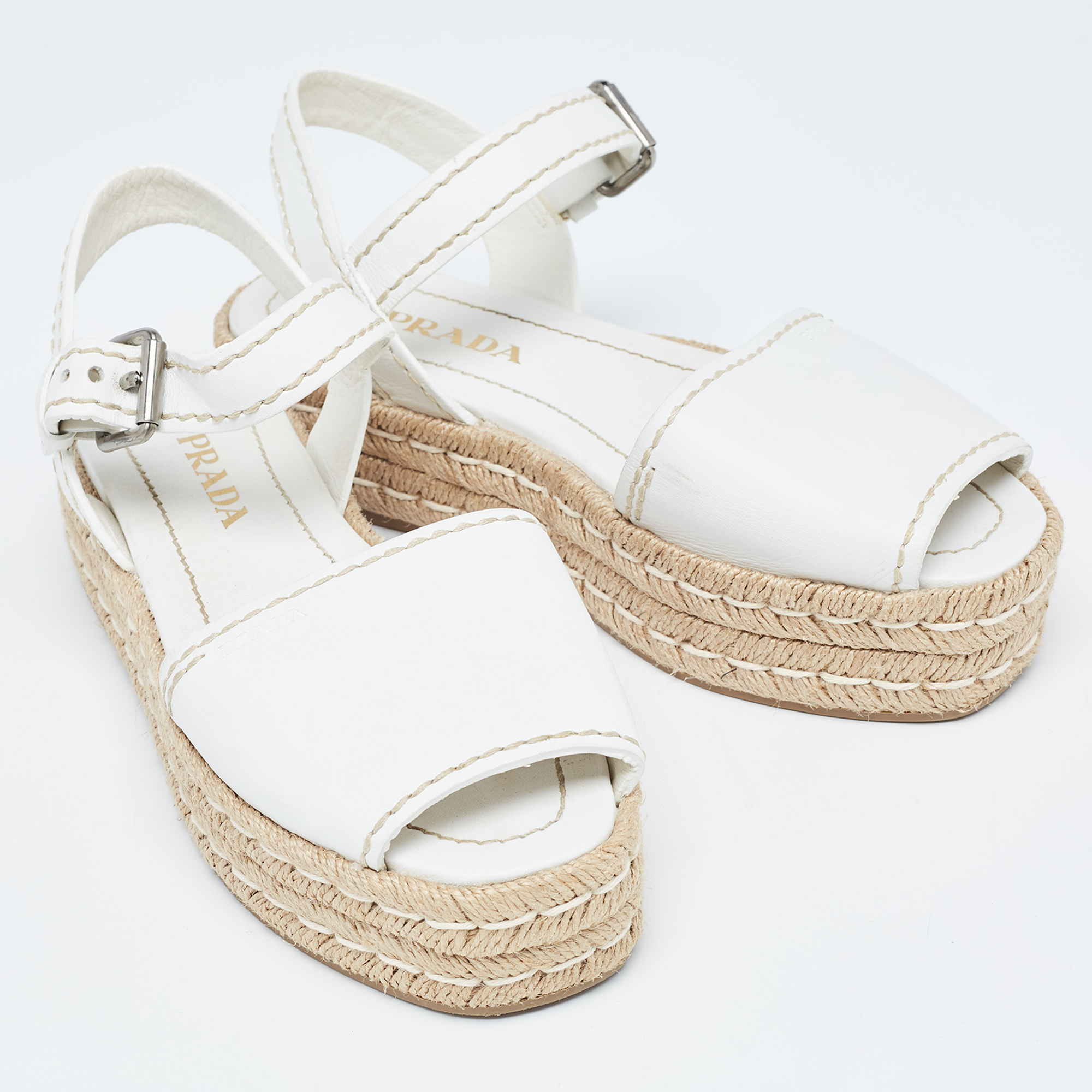 Prada White Leather Espadrille Platform Ankle Strap Sandals Size 38
