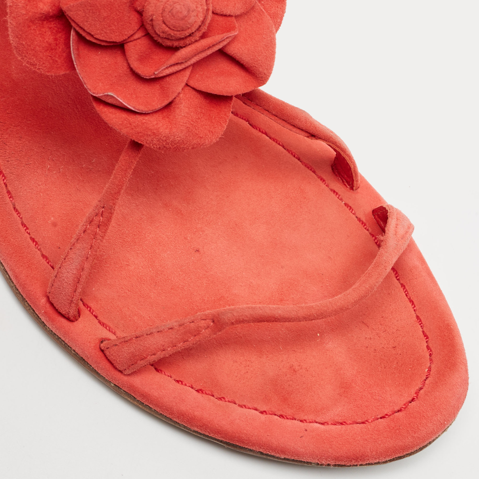 Prada Pink Suede Floral Applique Flat Sandals Size 37.5