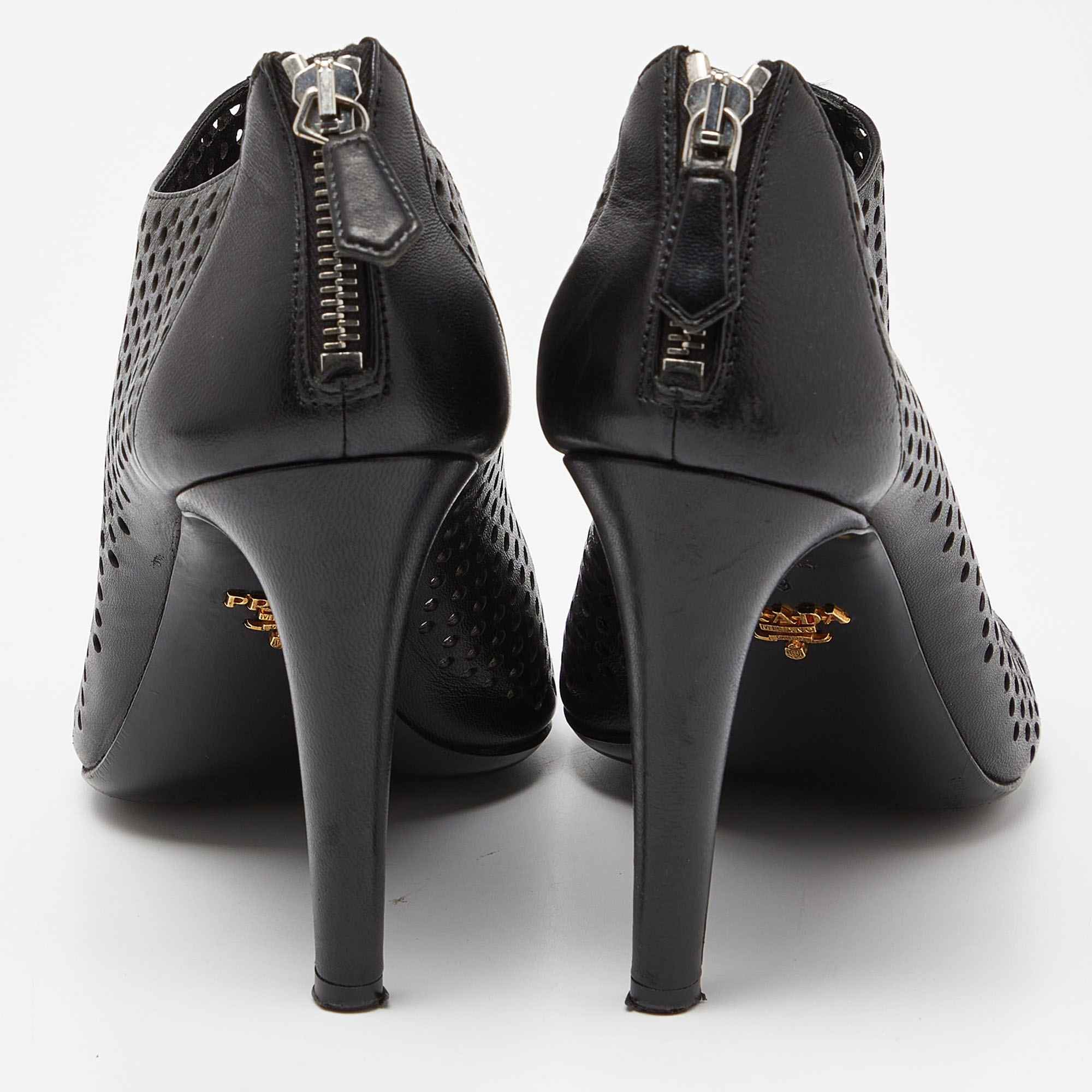 Prada Black Perforated Leather Peep Toe Ankle Booties Size 39