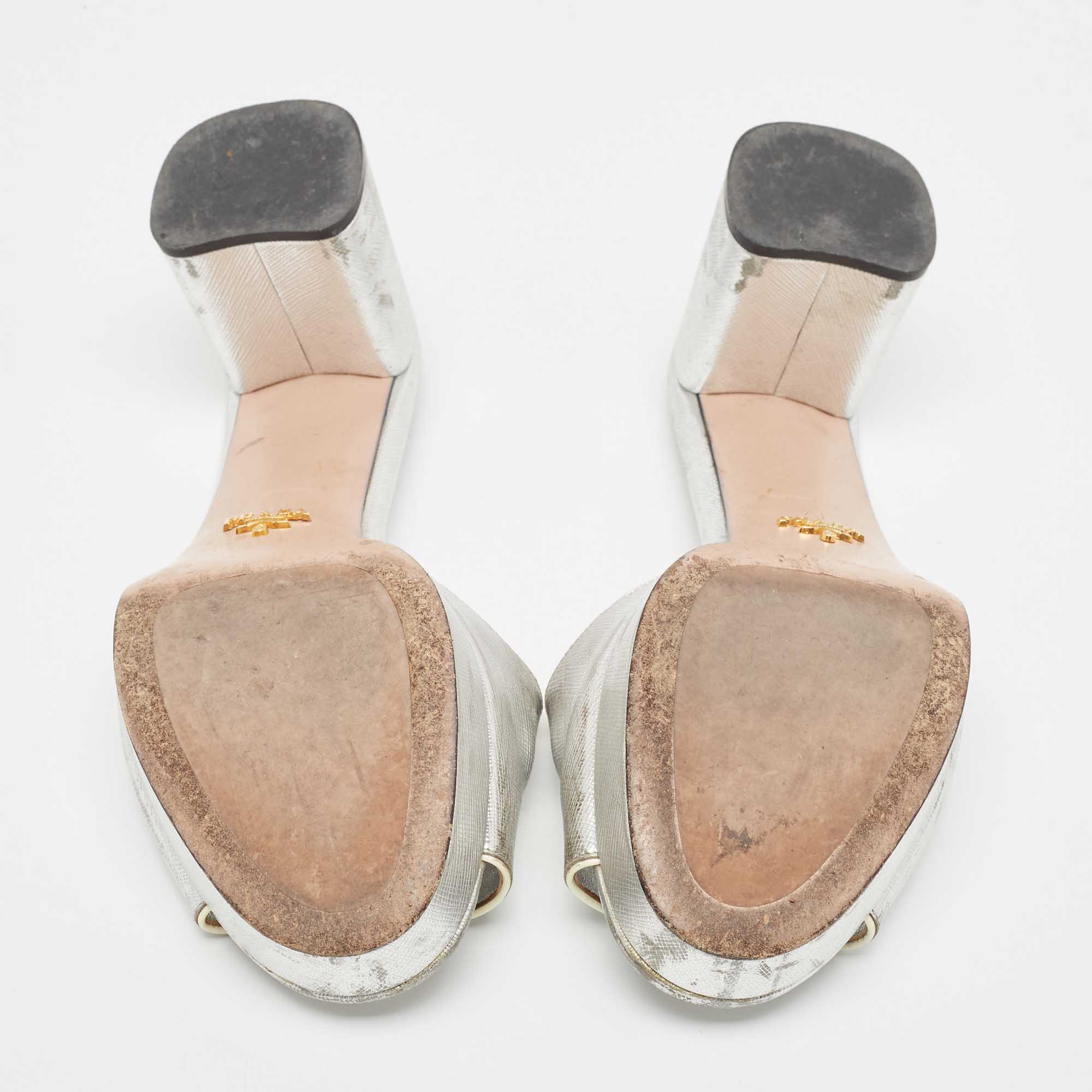 Prada Silver Leather Platform Slide Sandals Size 41