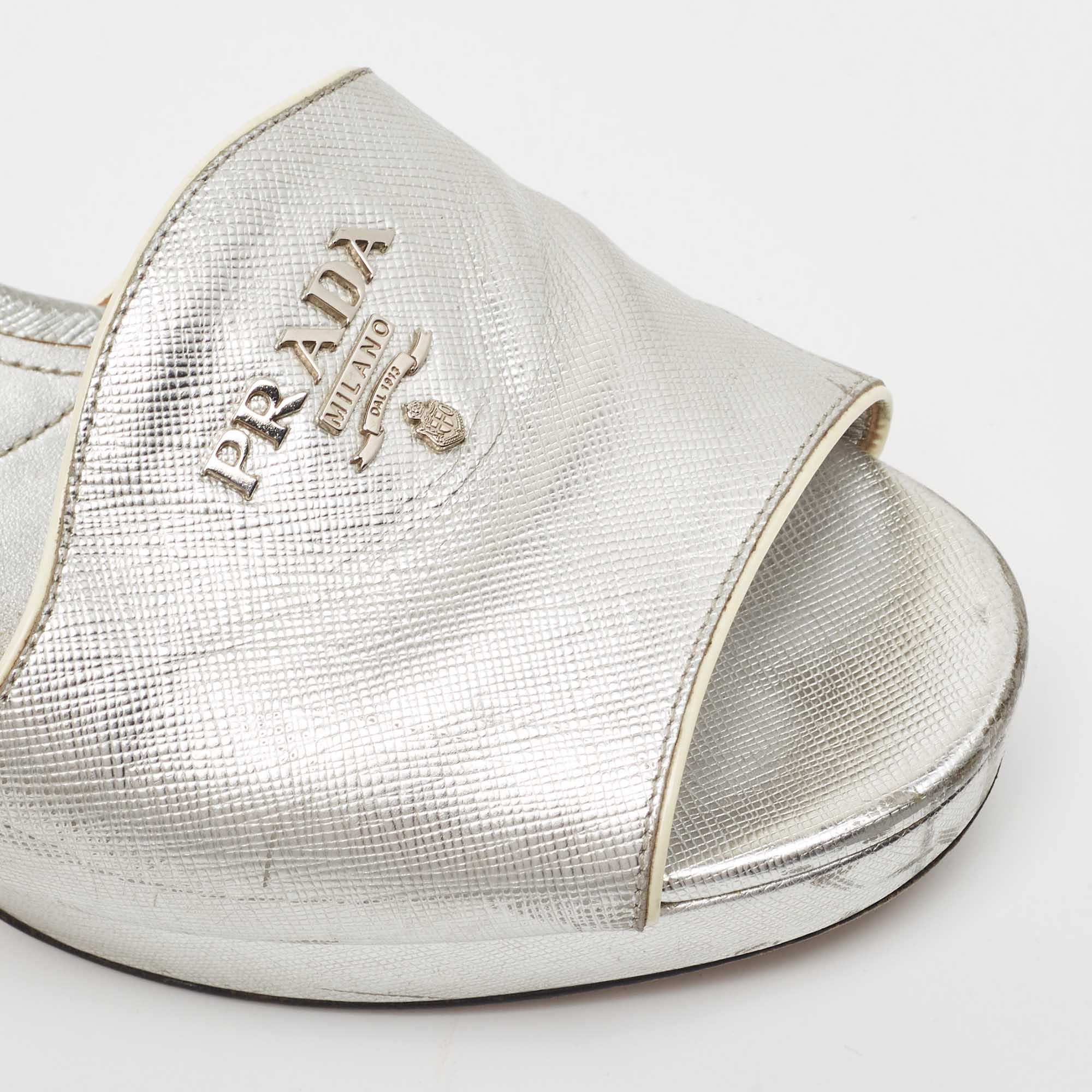 Prada Silver Leather Platform Slide Sandals Size 41