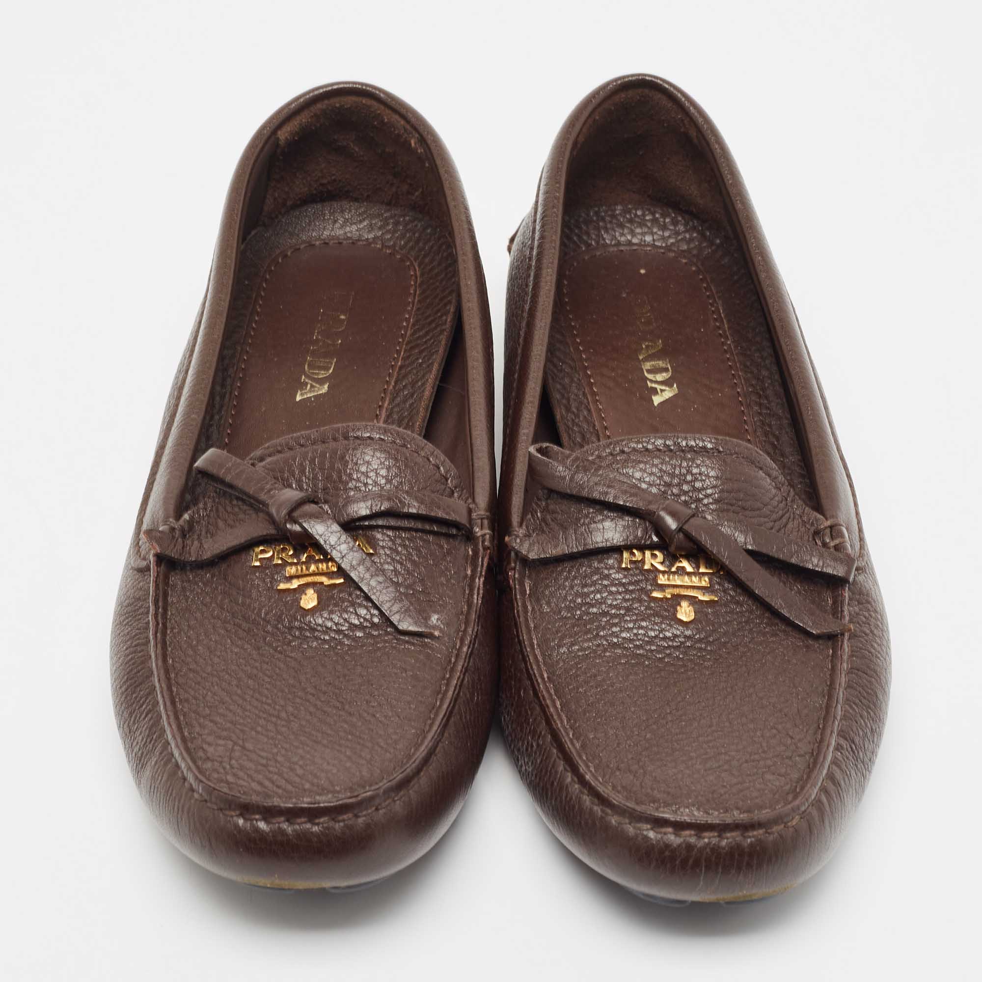 Prada Brown Leather Logo Detail Bow Loafers Size 38.5