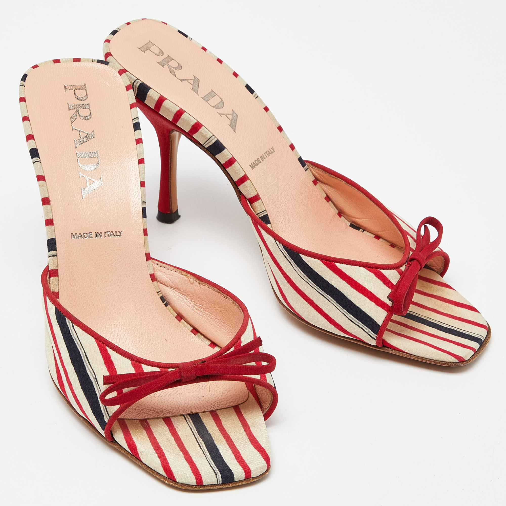 Prada Tri Color Stripe Fabric Bow Slide Sandals Size 35