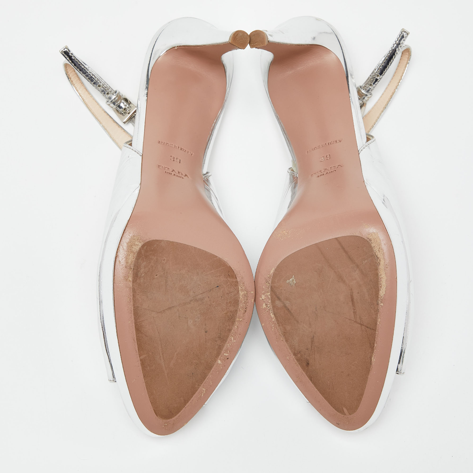 Prada Silver Laminated Leather Peep Toe Slingback Sandals Size 39