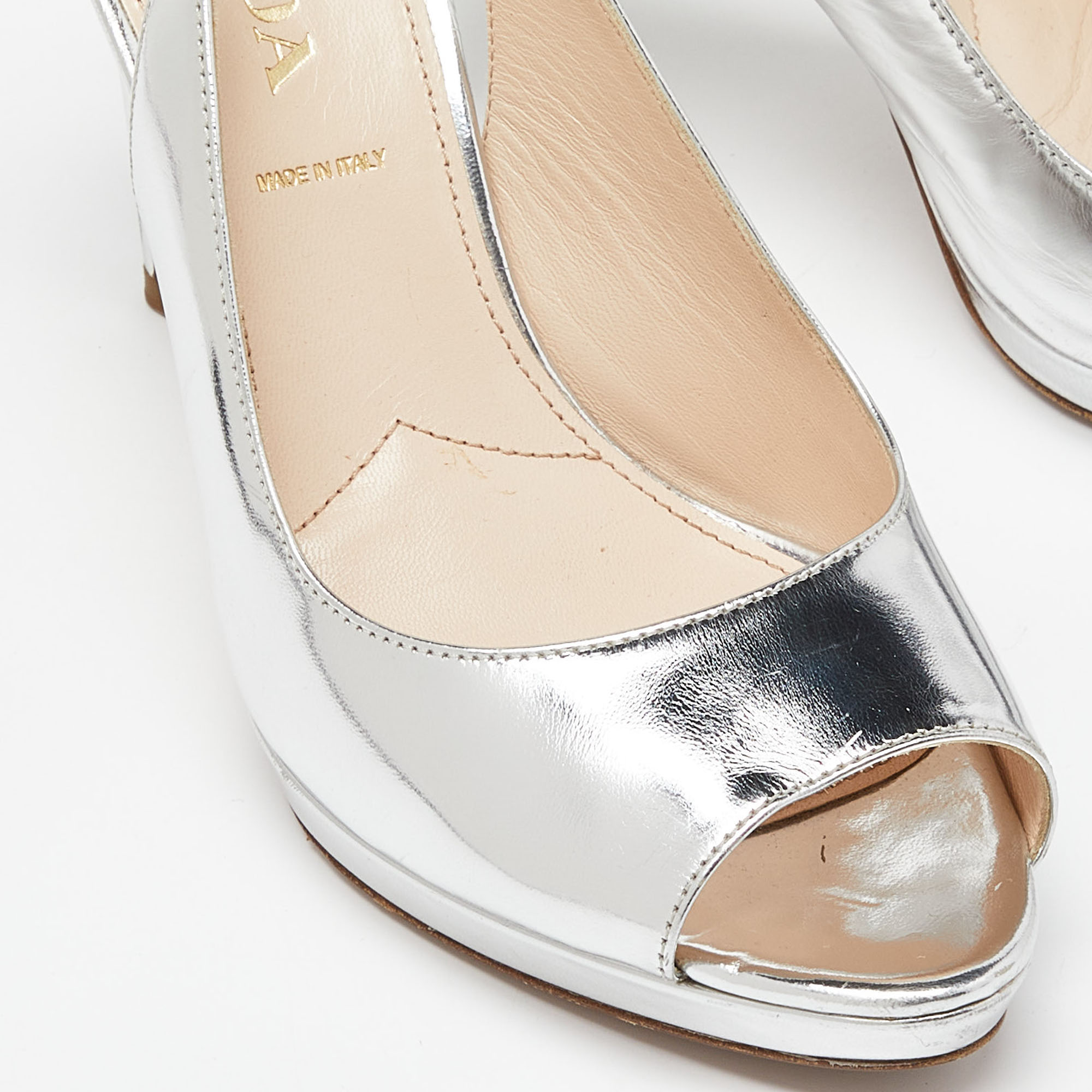 Prada Silver Laminated Leather Peep Toe Slingback Sandals Size 39