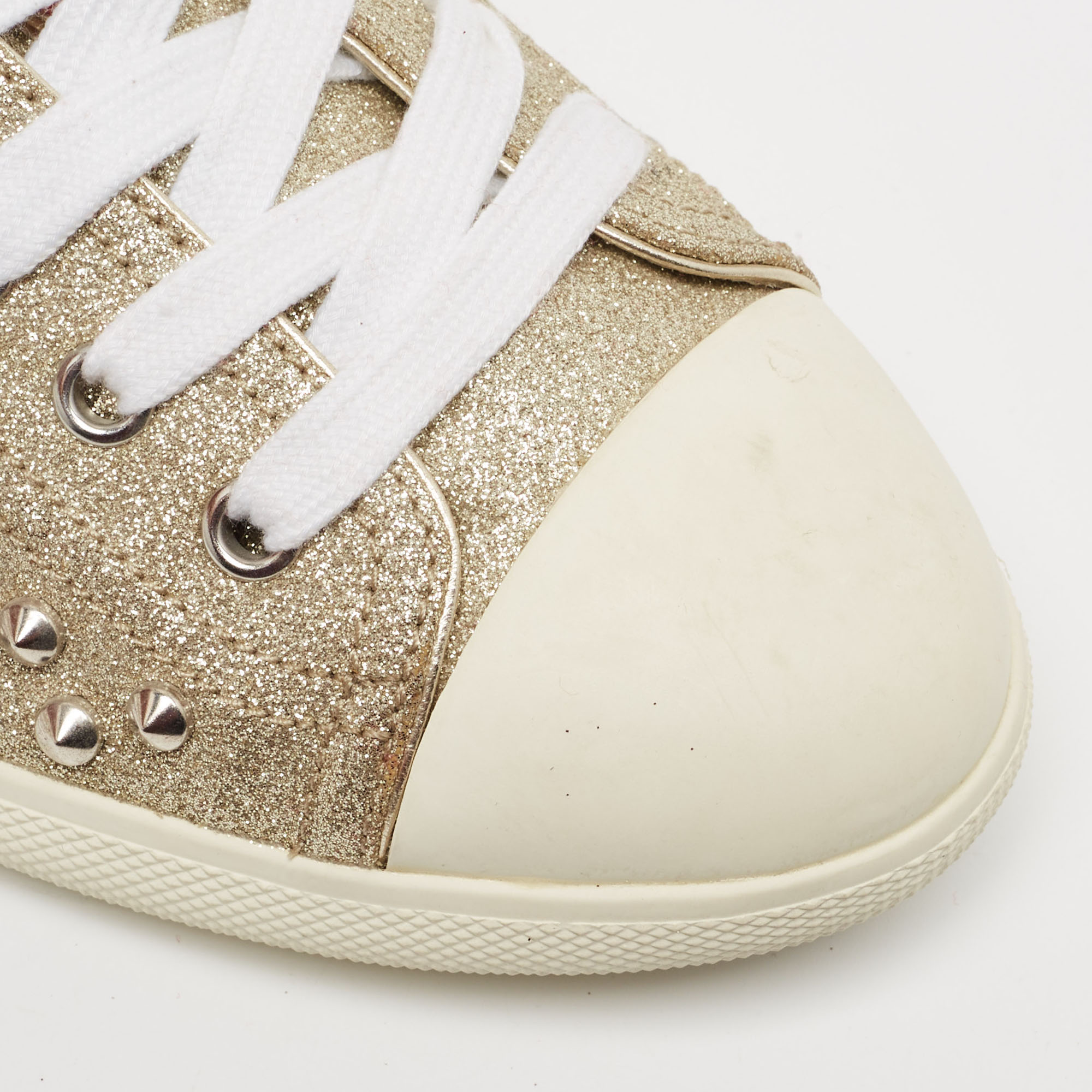 Prada Metallic Gold Glitter Stud Low Top Sneakers Size 40