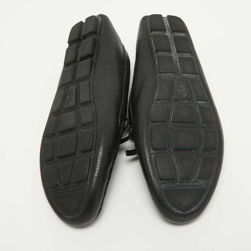 Prada Black Leather Logo Embellished Bow Slip On Loafers Size 38.5