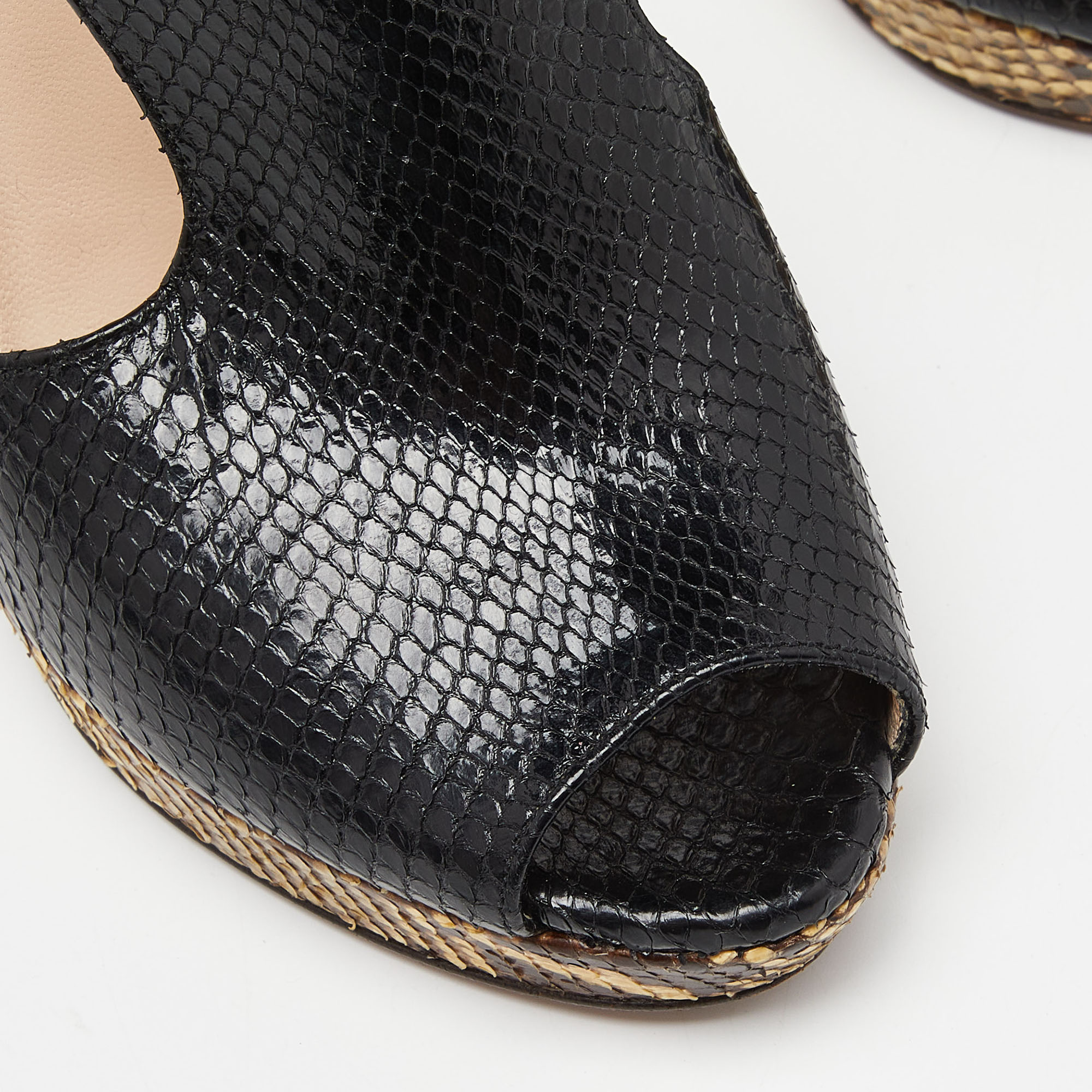 Prada Black Python Leather Peep Toe Platform Ankle Strap Pumps Size 37.5