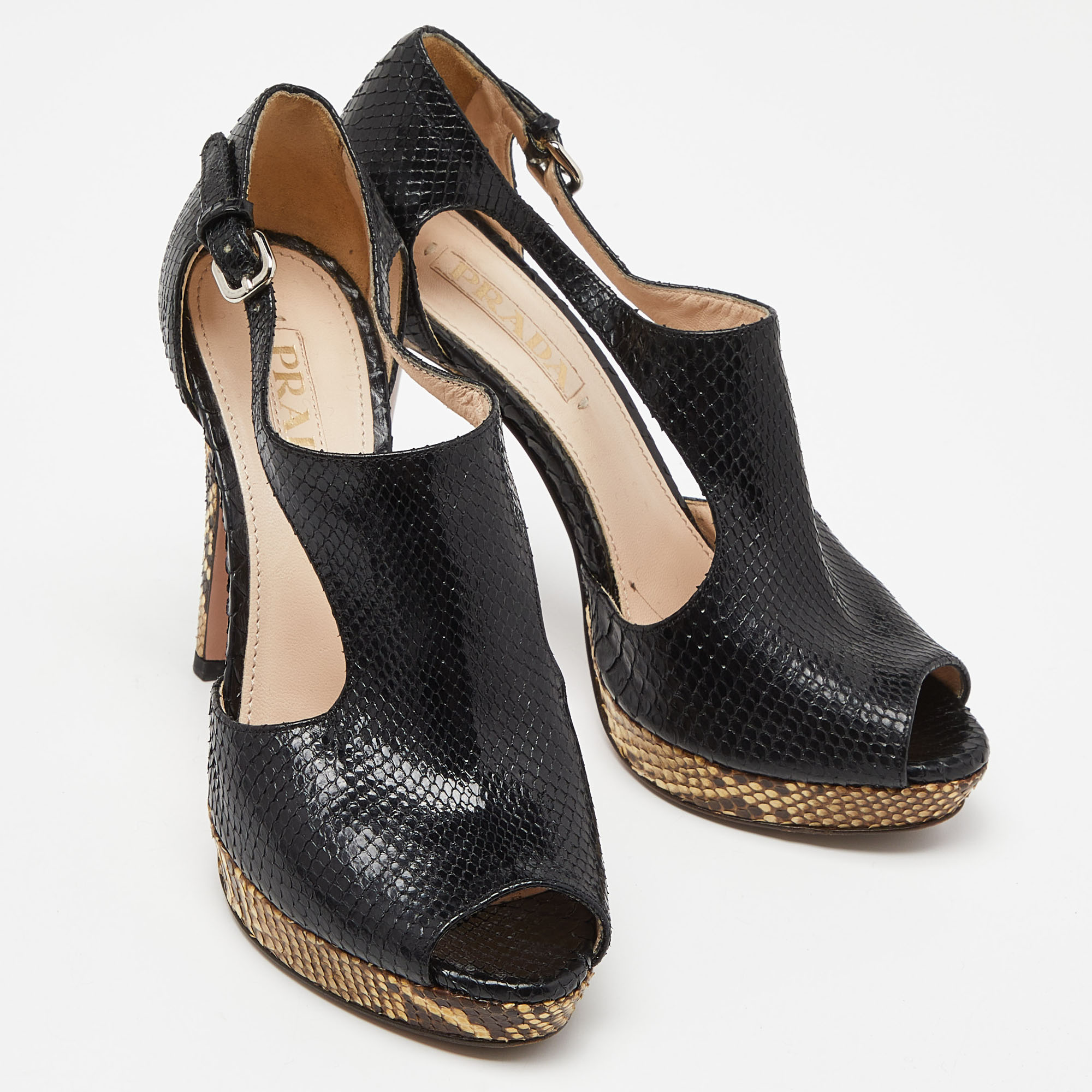 Prada Black Python Leather Peep Toe Platform Ankle Strap Pumps Size 37.5