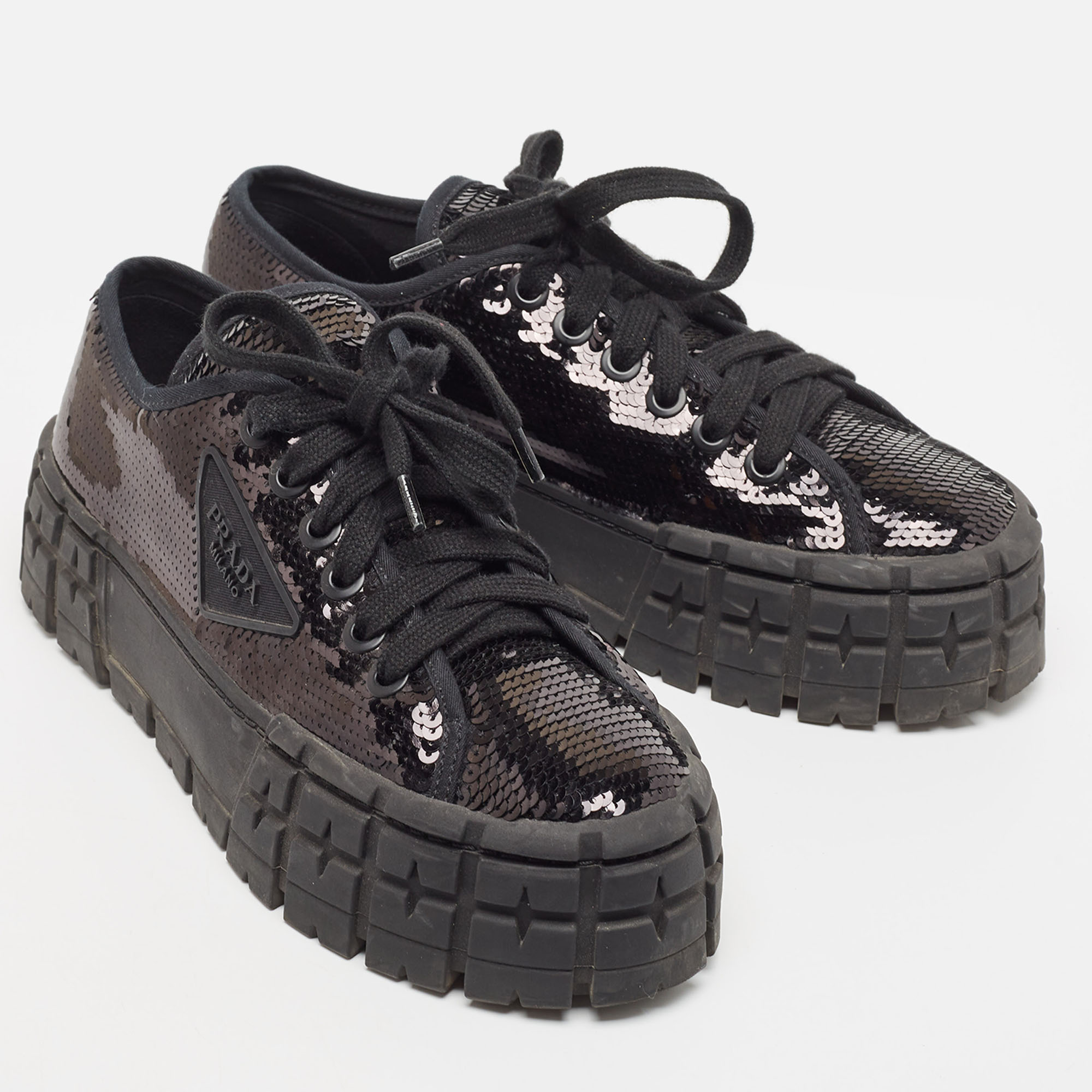 Prada Black Sequin Double Wheel Platform Sneakers Size 37.5