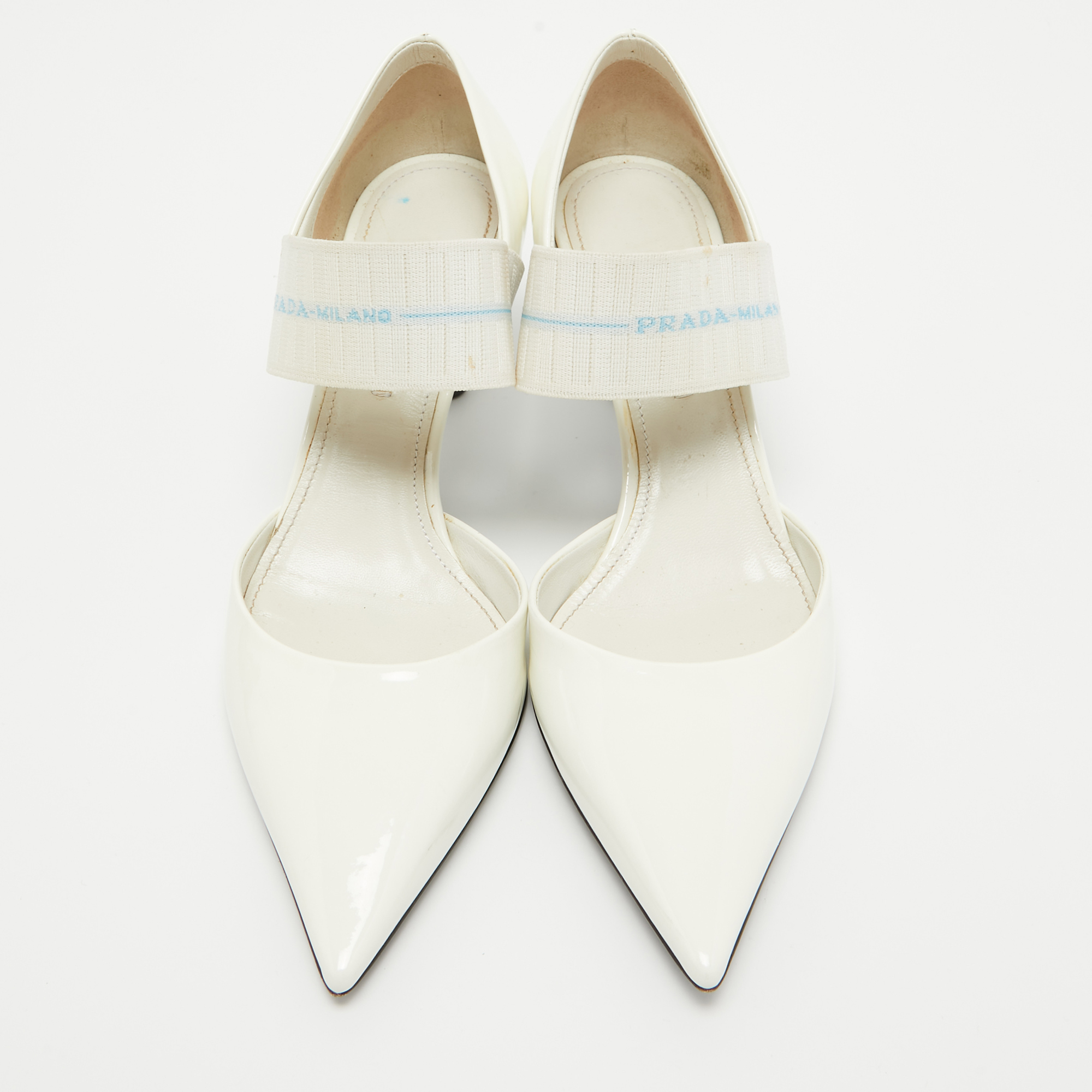 Prada White Patent Leather And Elastic Mary Jane D'orsay Pumps Size 36.5
