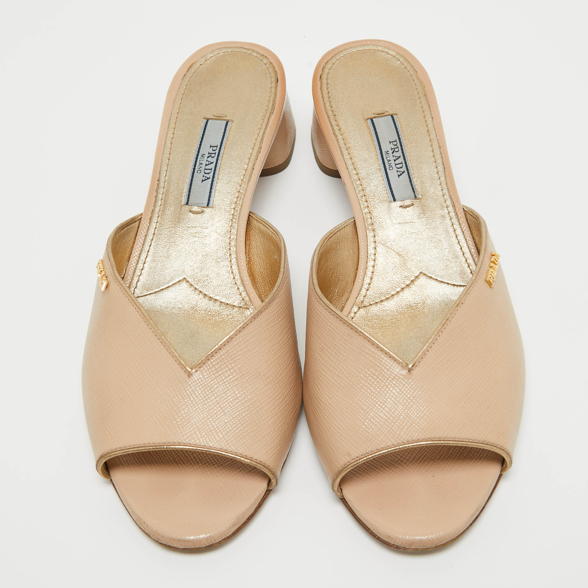 Prada Beige Patent Leather Open Toe Block Heel Slide Sandals Size 37