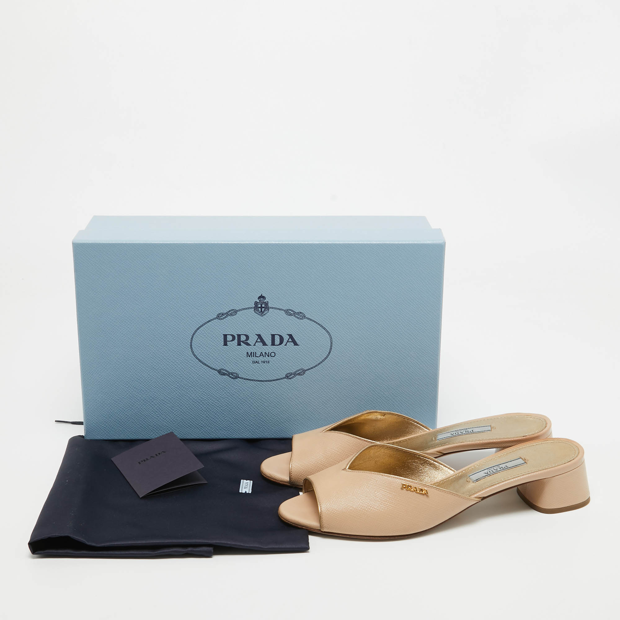 Prada Beige Patent Leather Open Toe Block Heel Slide Sandals Size 37
