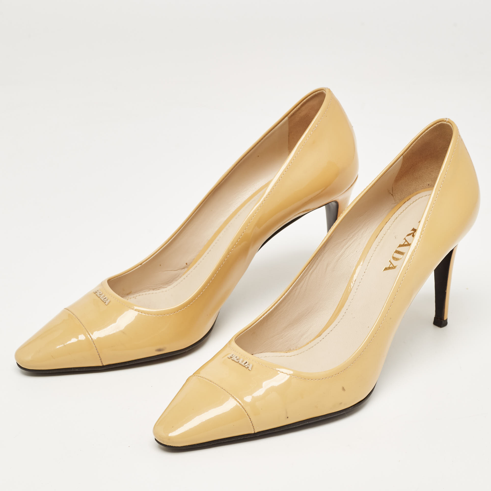 Prada Beige Patent Leather Pointed Toe Pumps Size 39.5