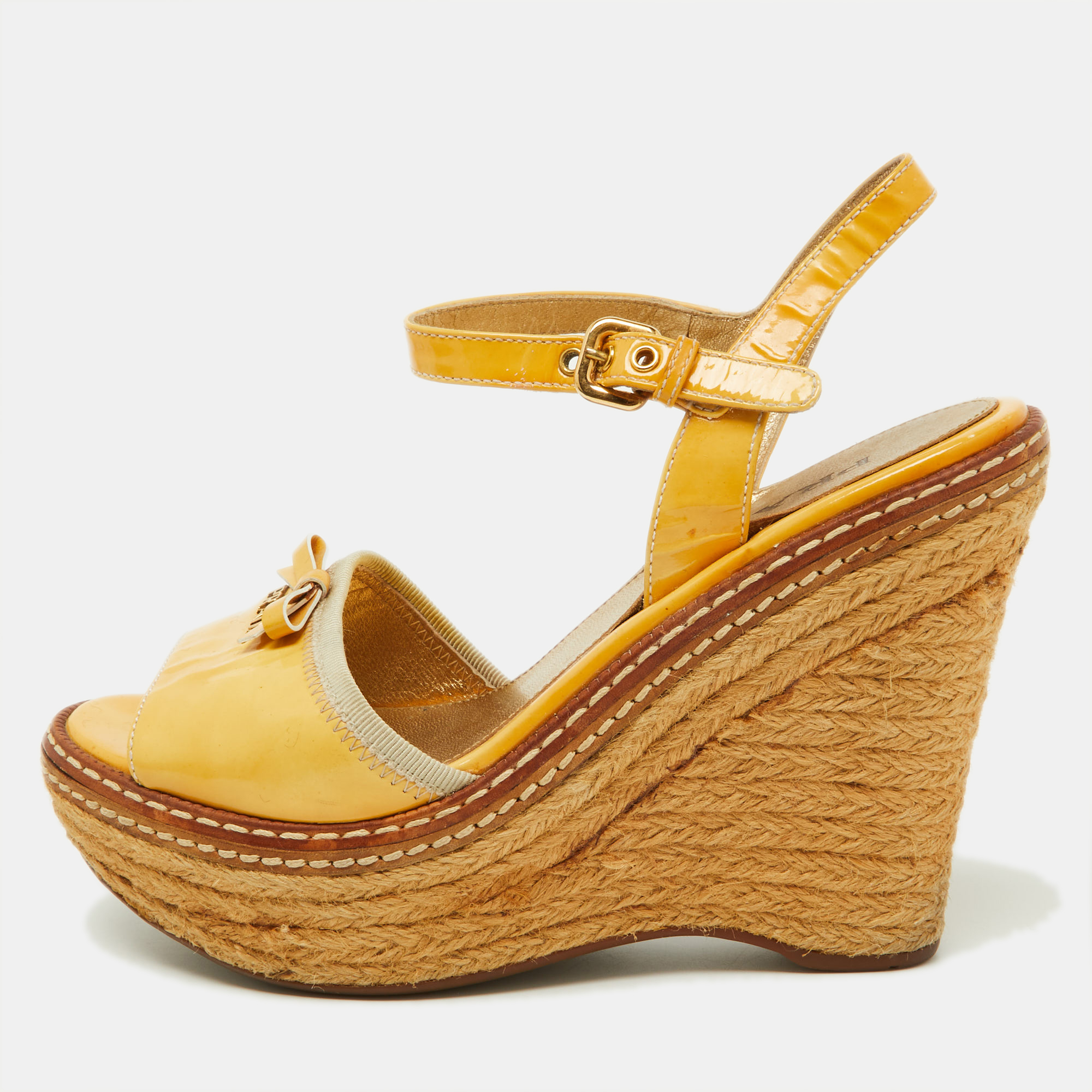 

Prada Yellow Patent Leather Bow Espadrille Wedge Platform Ankle Strap Sandals Size
