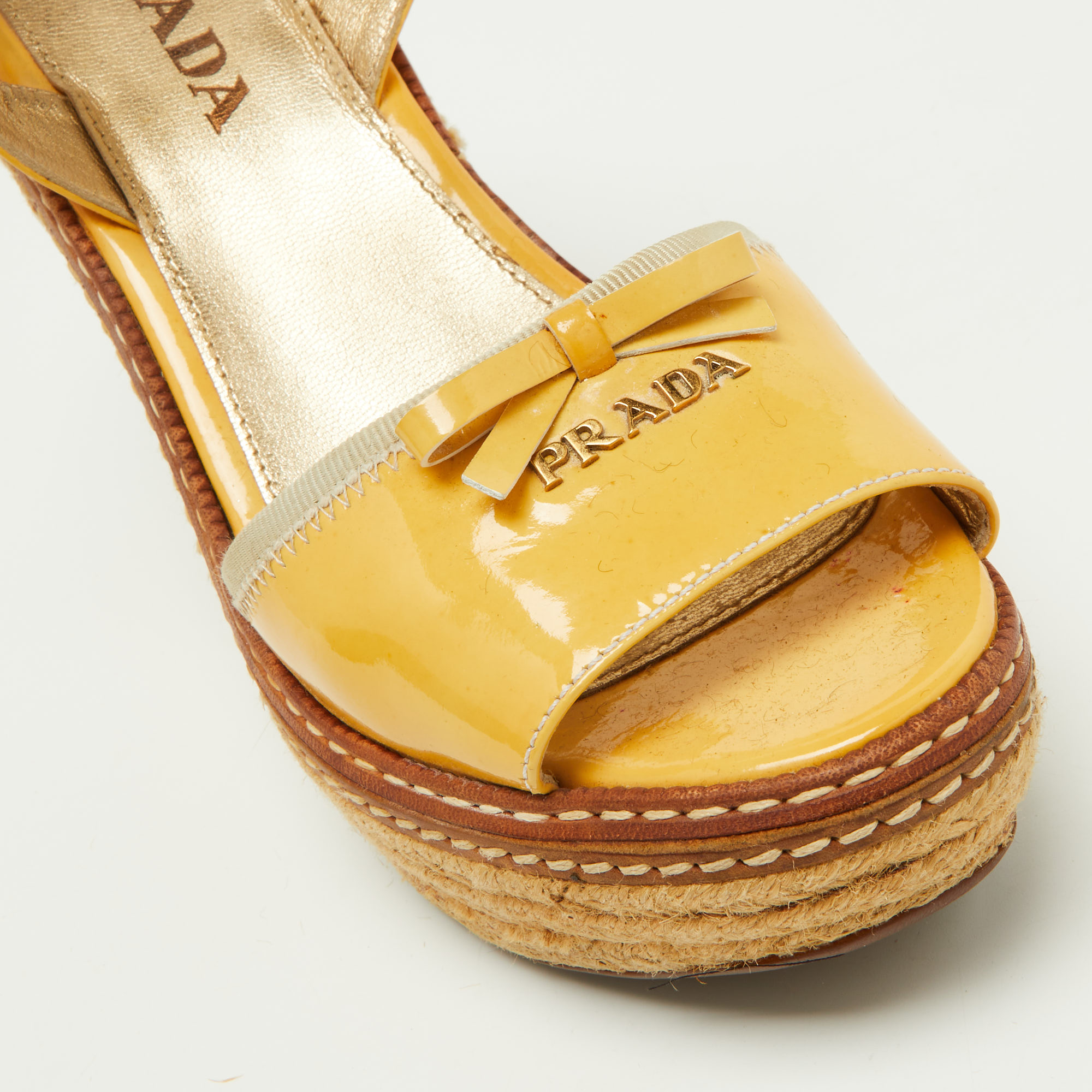 Prada Yellow Patent Leather Bow Espadrille Wedge Platform Ankle Strap Sandals Size 35.5