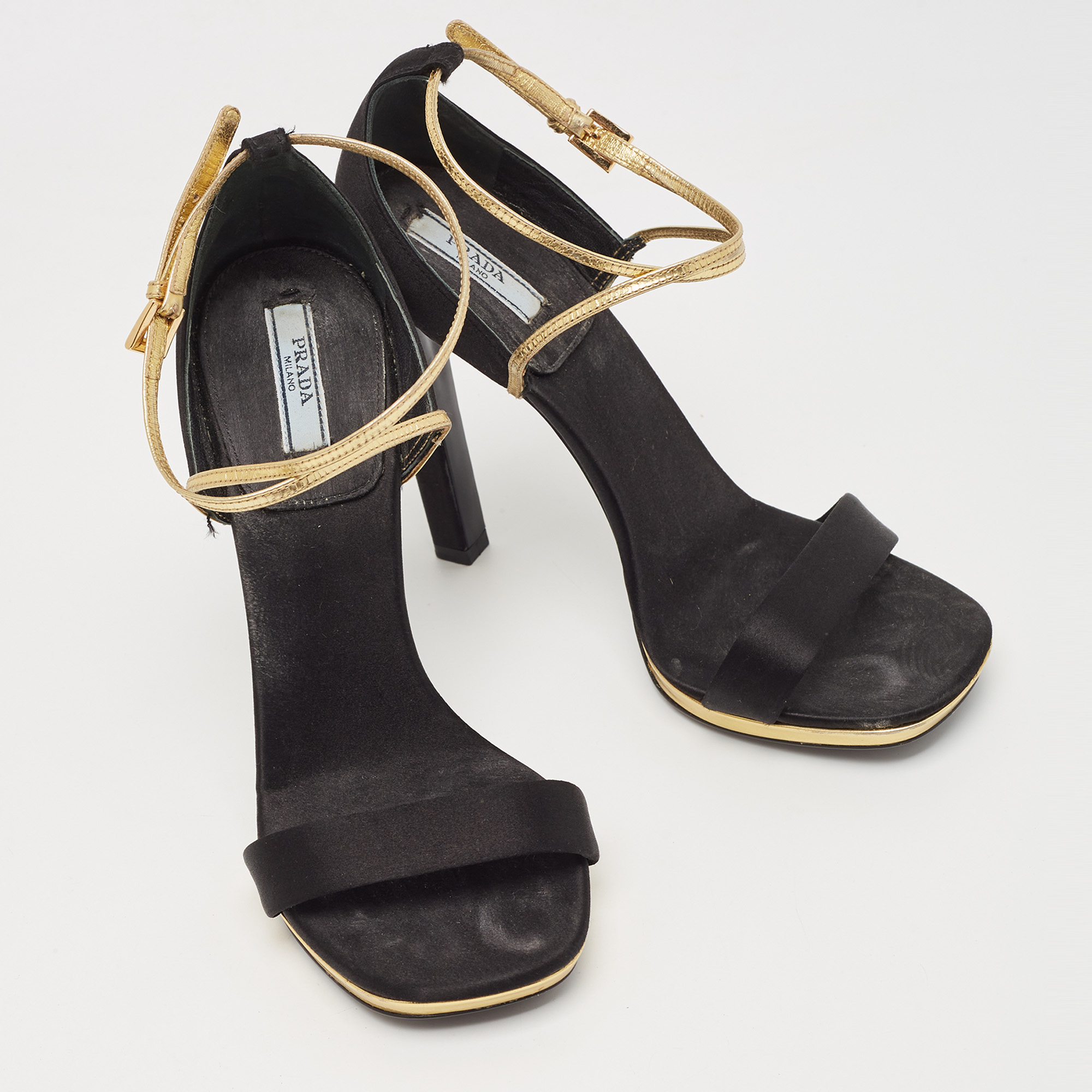 Prada Black/Gold Satin And Leather Criss Cross Ankle Strap Sandals Size 37