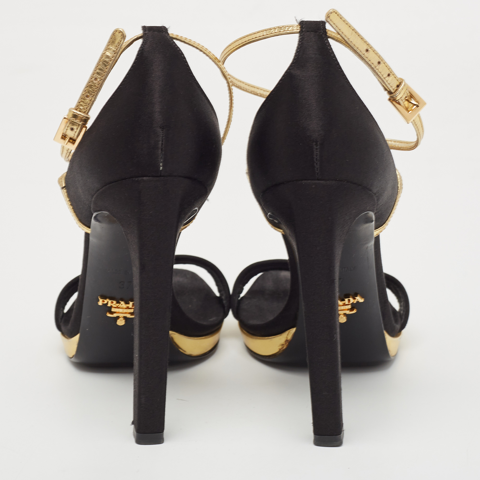 Prada Black/Gold Satin And Leather Criss Cross Ankle Strap Sandals Size 37