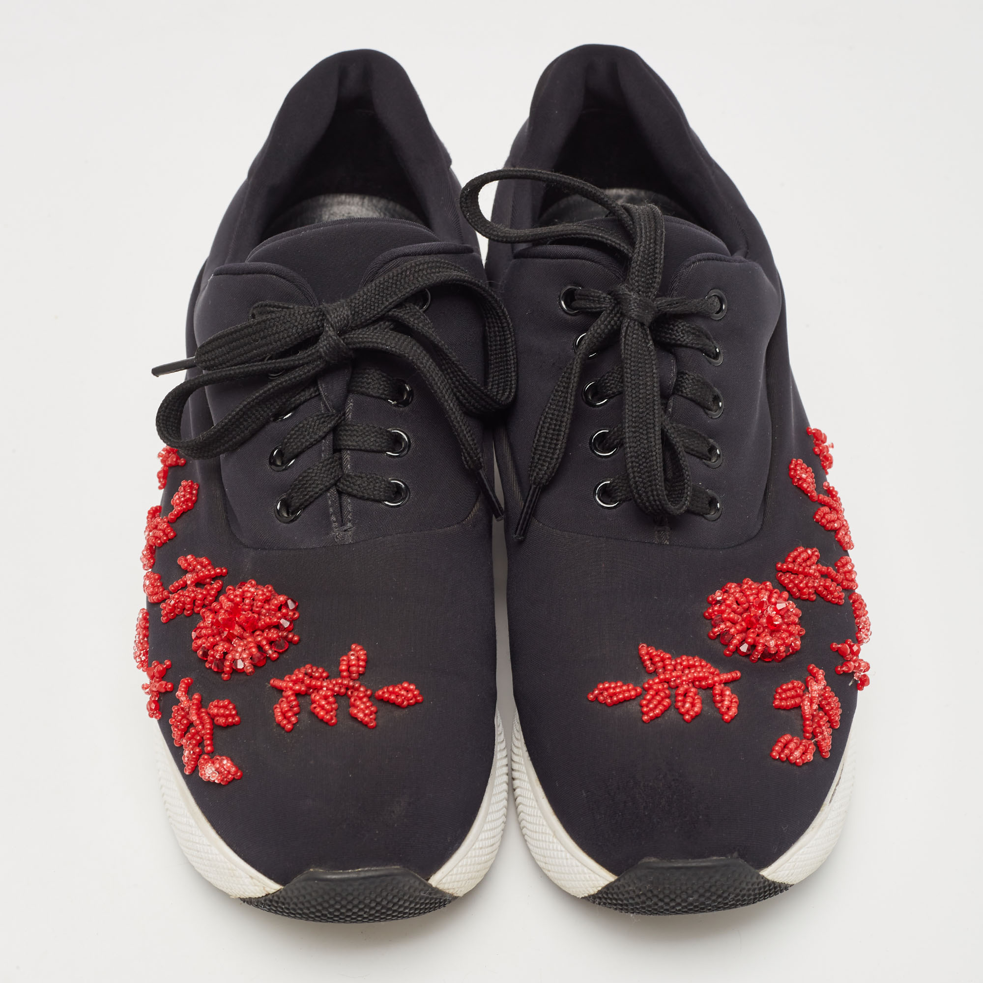 Prada Black Nylon Embellished Low Top Sneakers Size 39.5
