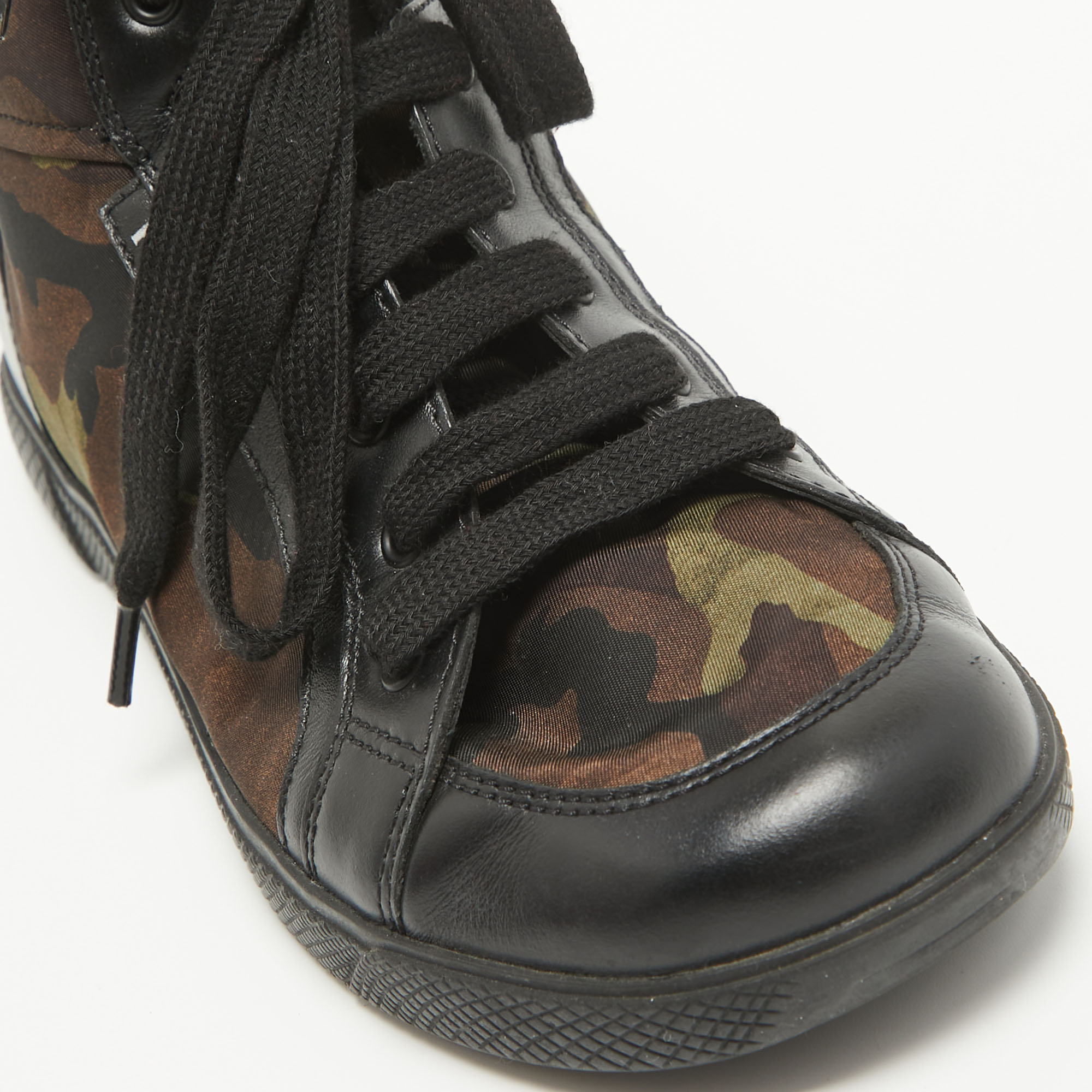 Prada Tricolor Leather And Camo Print Nylon High Top Sneakers Size 35