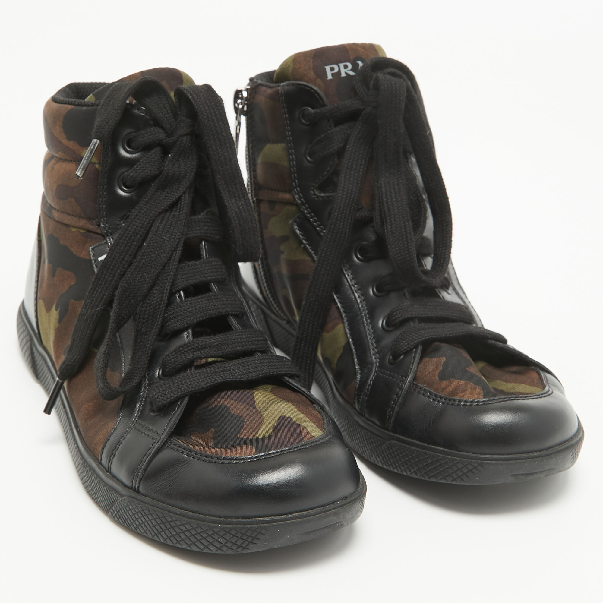 Prada Tricolor Leather And Camo Print Nylon High Top Sneakers Size 35