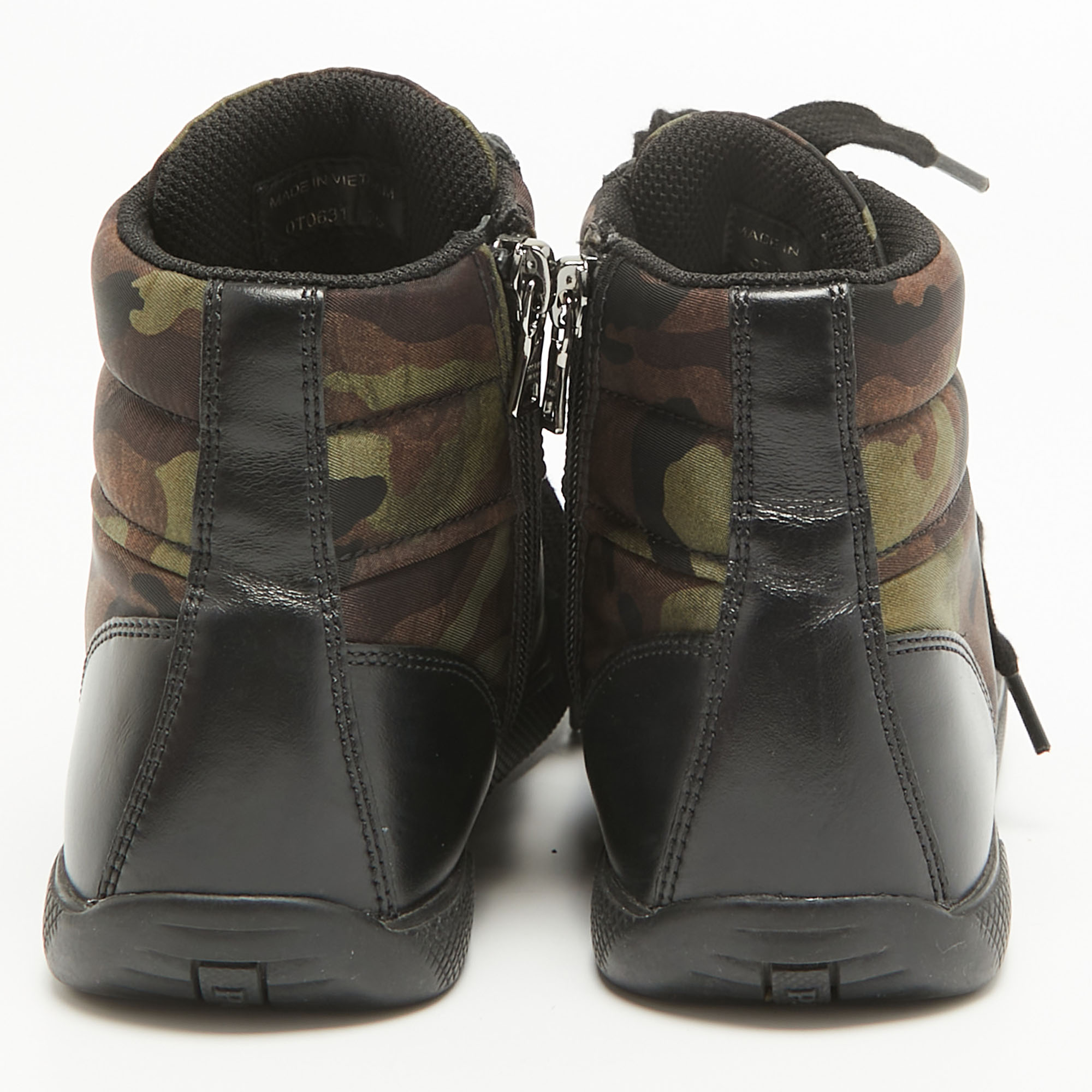 Prada Tricolor Leather And Camo Print Nylon High Top Sneakers Size 35