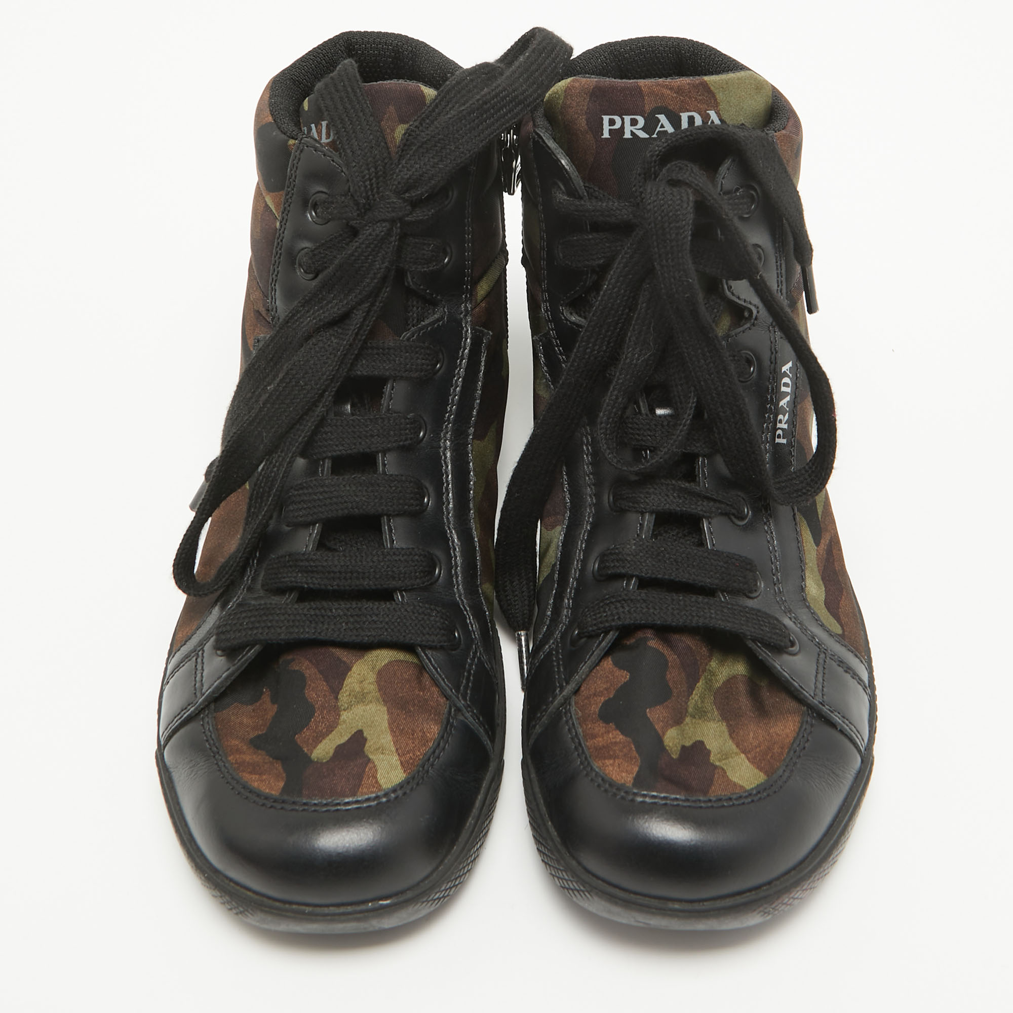 Prada Tricolor Leather And Camo Print Nylon High Top Sneakers Size 35