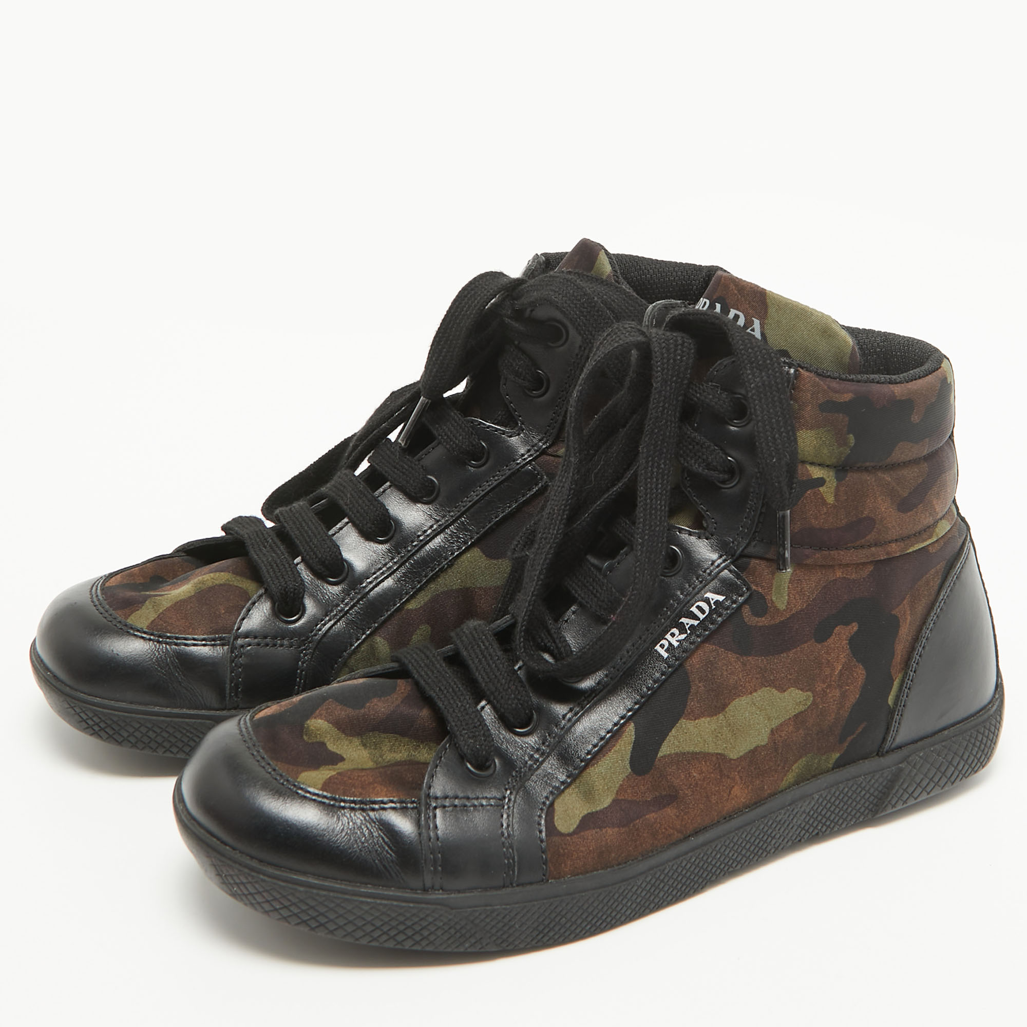 Prada Tricolor Leather And Camo Print Nylon High Top Sneakers Size 35