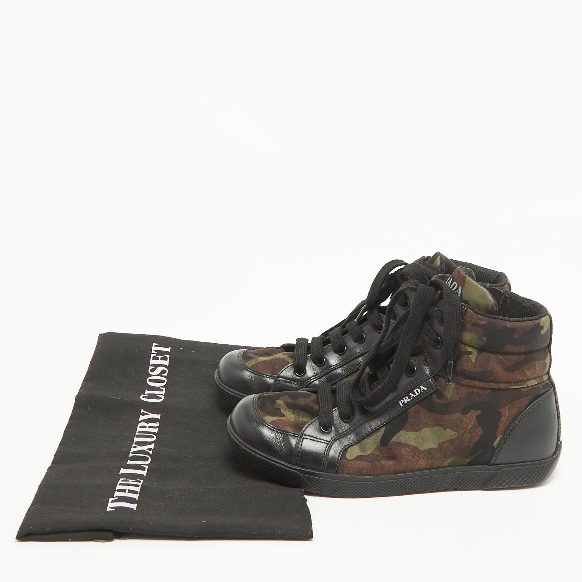 Prada Tricolor Leather And Camo Print Nylon High Top Sneakers Size 35