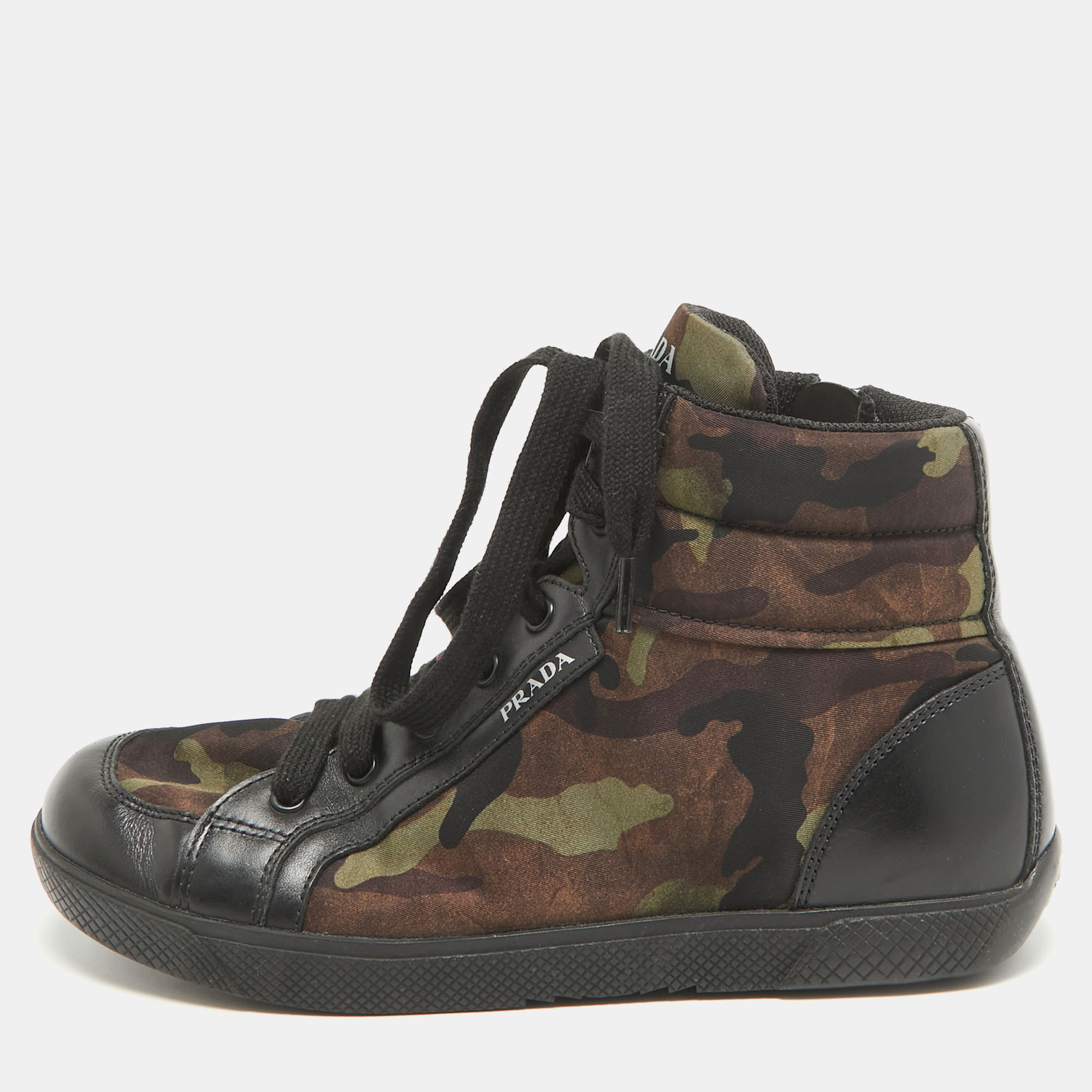 Prada tricolor leather and camo print nylon high top sneakers size 35