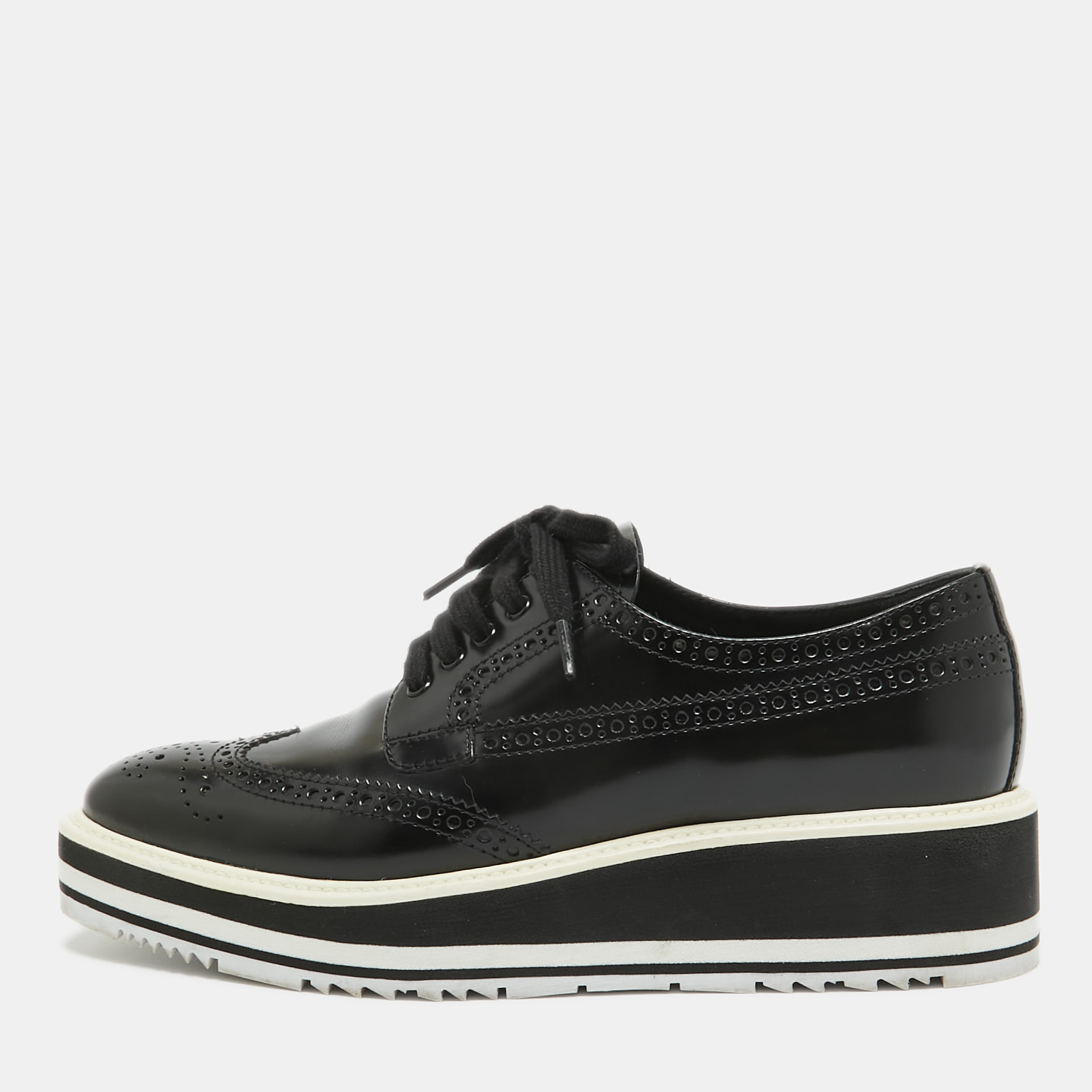 Prada black brogue patent leather platform derby sneakers size 37.5