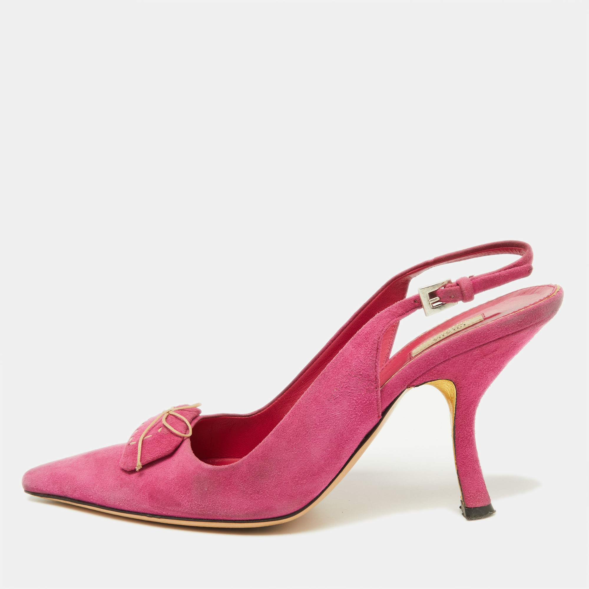 Prada pink suede bow pointed toe slingback pumps size 37