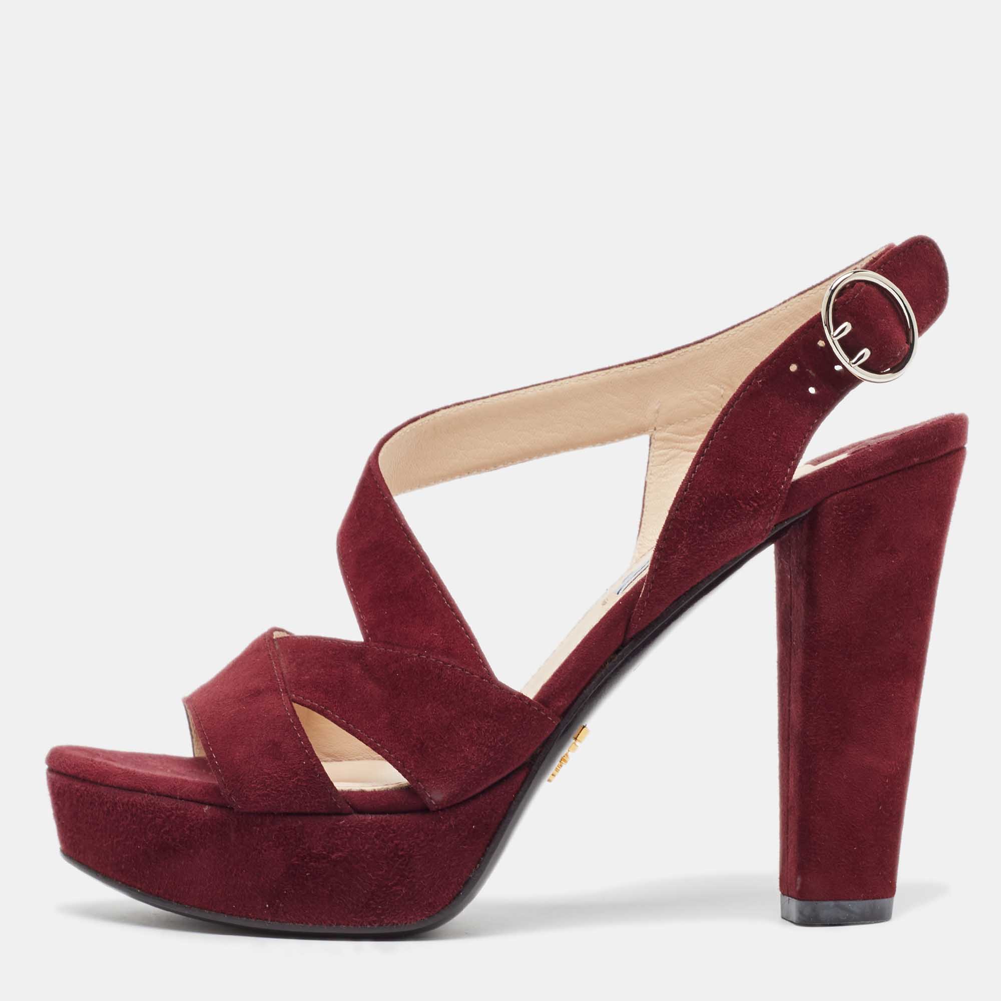 Prada burgundy suede platform slingback sandals size 36.5