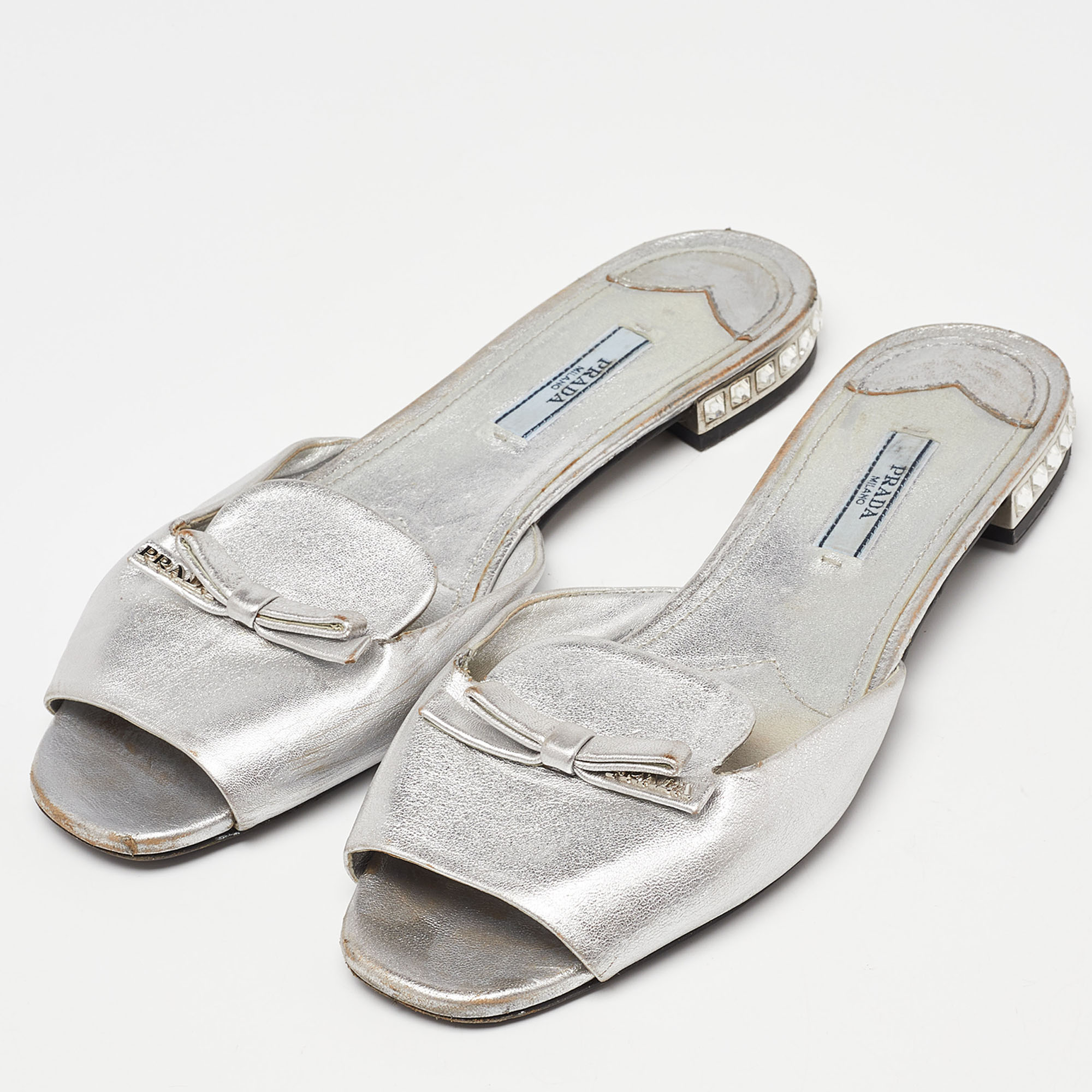 Prada Silver Leather Bow Flat Slides Size 39