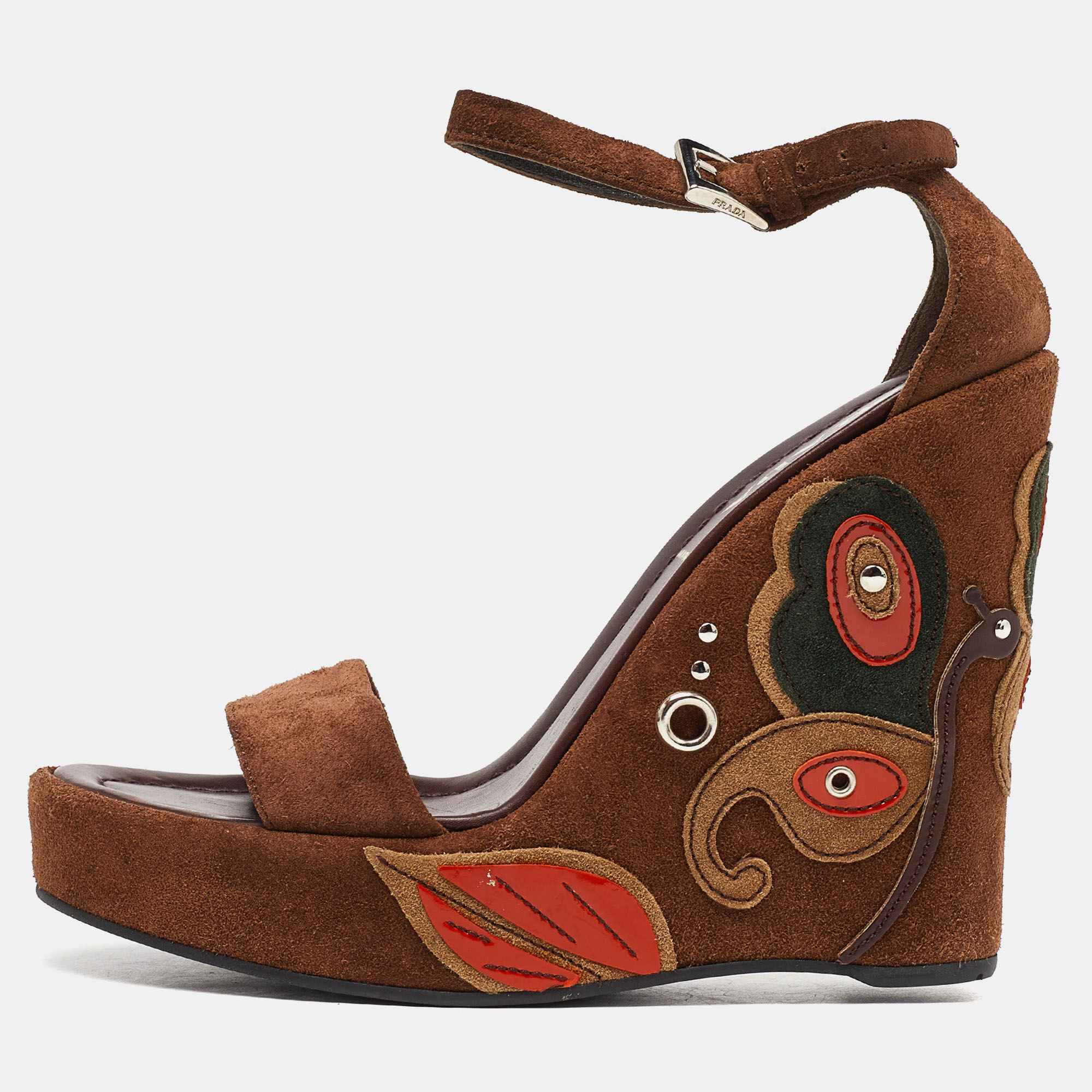 Prada brown suede wedge platform ankle strap sandals size 36.5