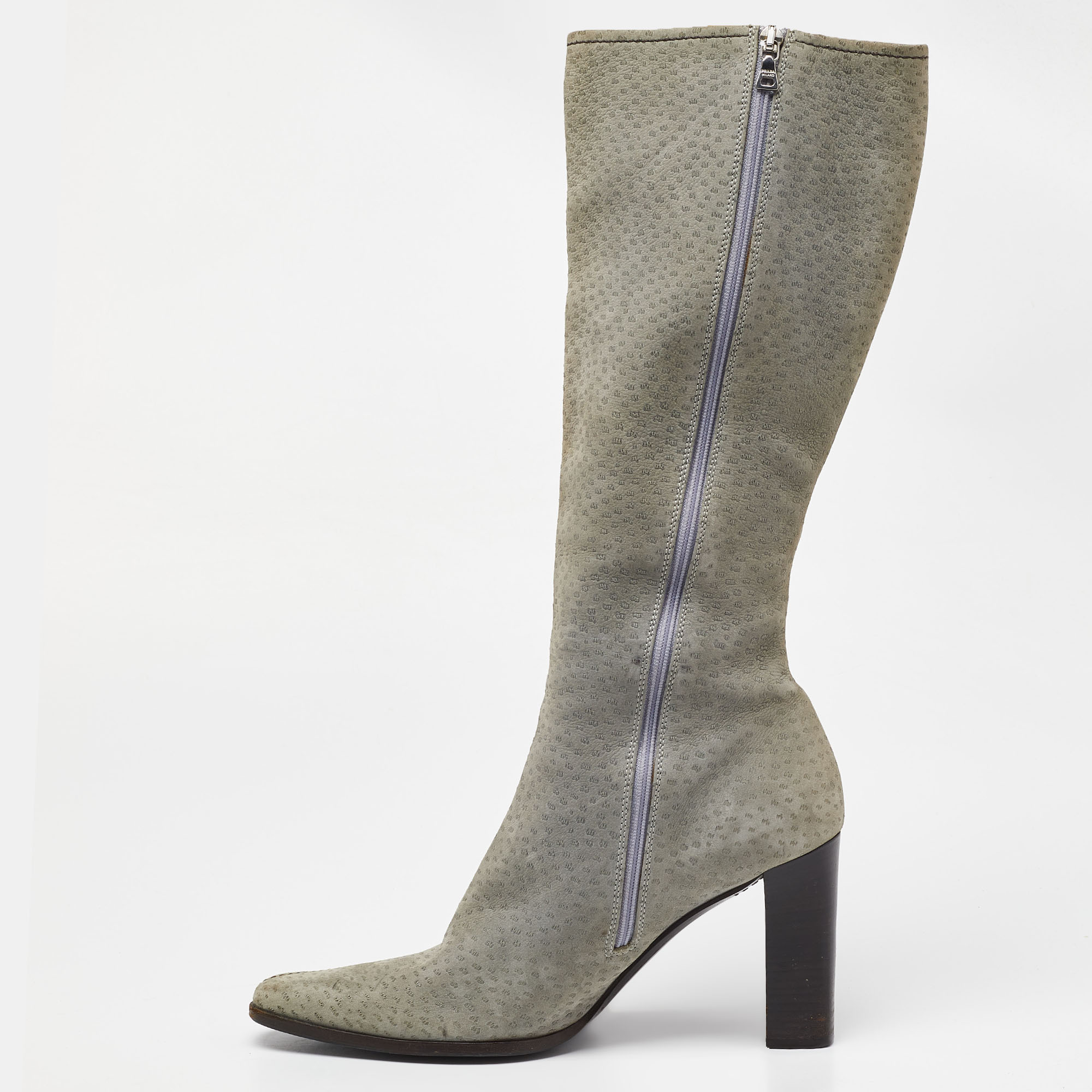 Prada dior grey textured nubuck leather knee length boots size 40