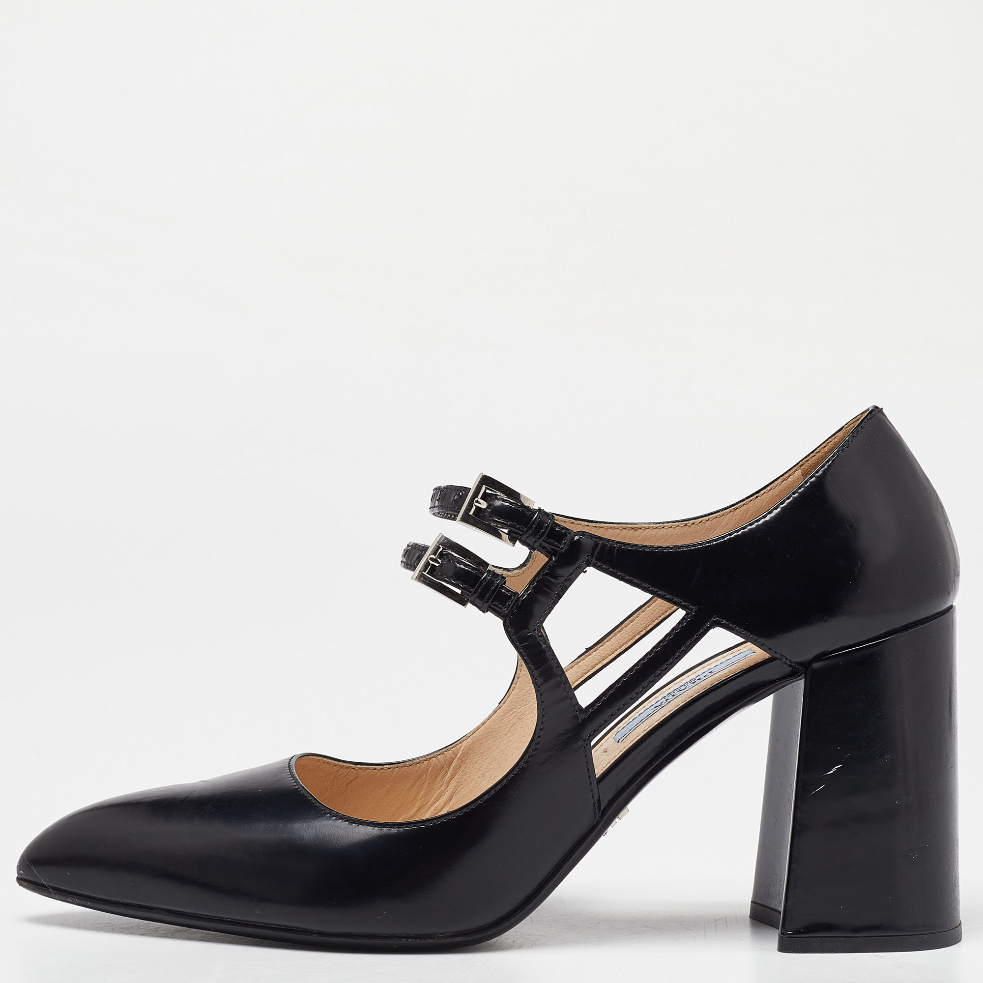 Prada black leather buckle block heel pointed toe pumps 39.5