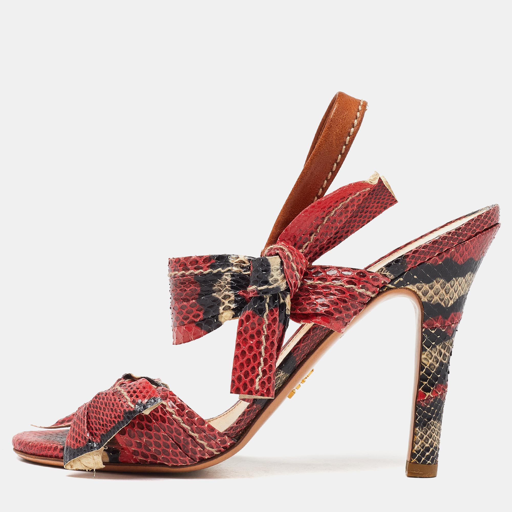 Prada pink python leather bow ankle strap sandals size 36.5