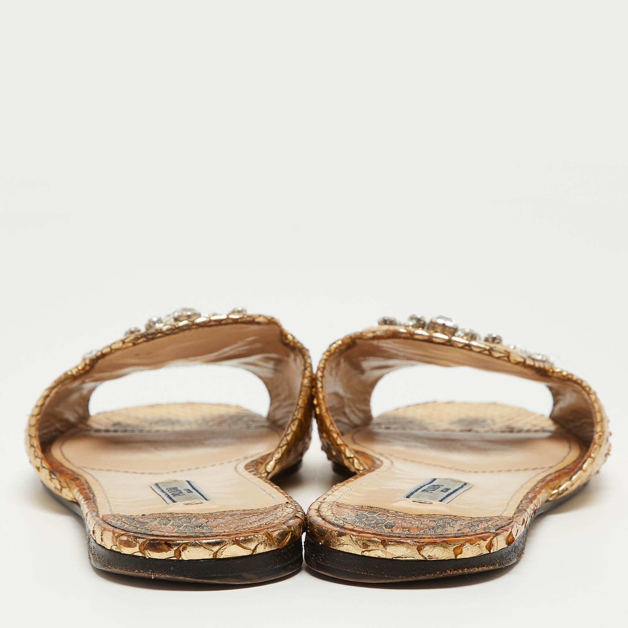 Prada Gold Embossed Python Crystal Embellished Flat Slides Size 38