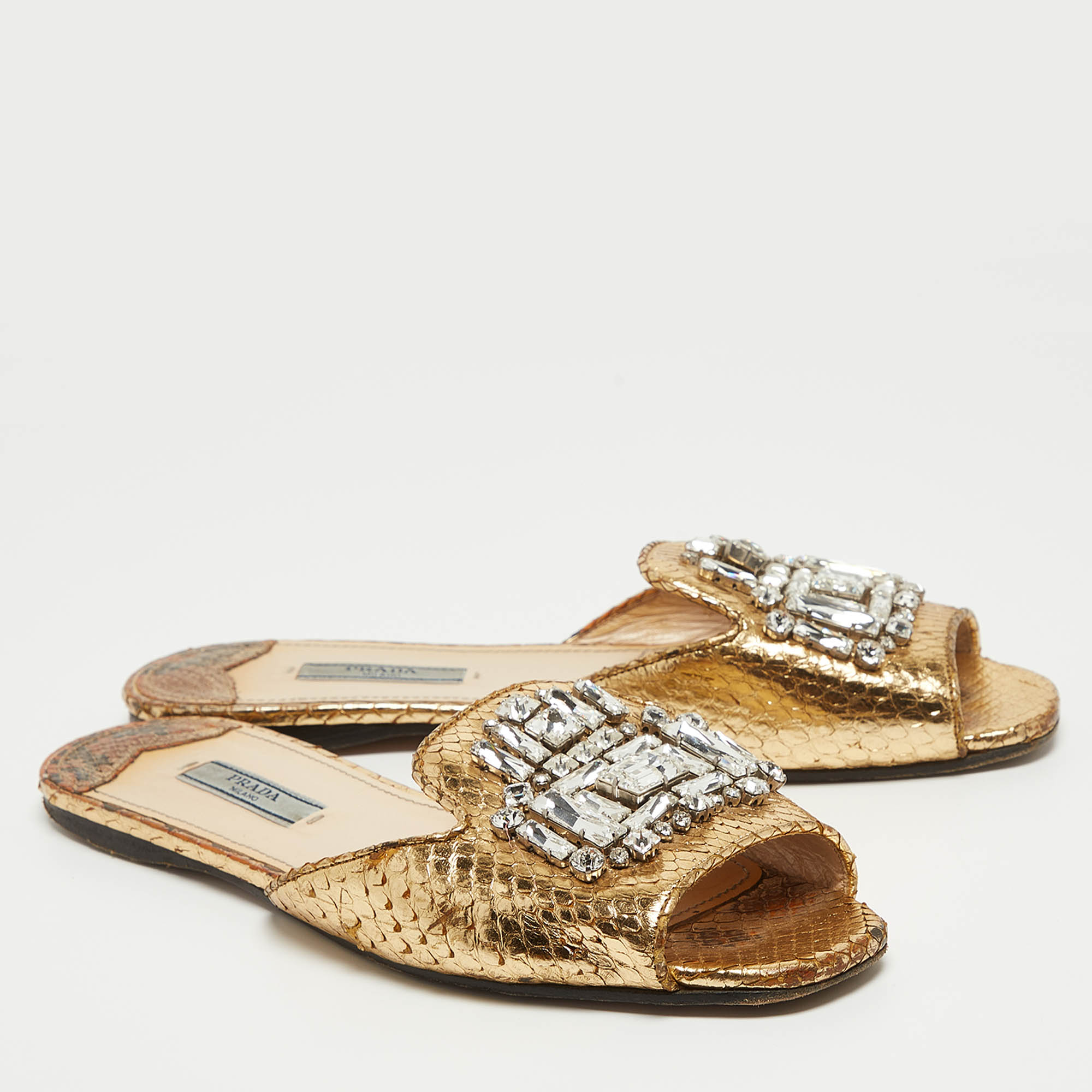 Prada Gold Embossed Python Crystal Embellished Flat Slides Size 38