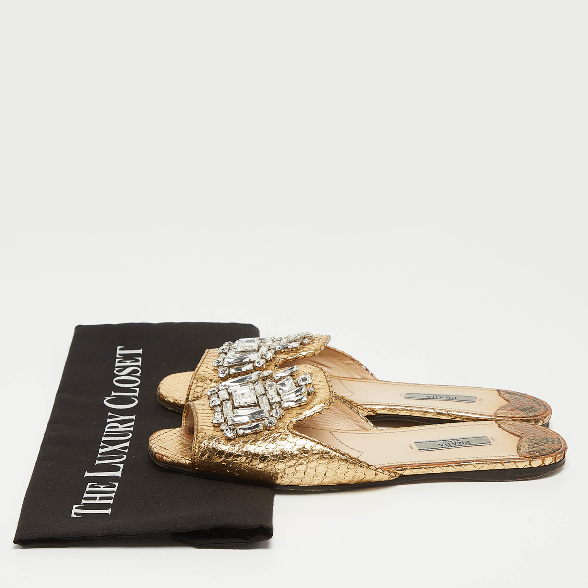 Prada Gold Embossed Python Crystal Embellished Flat Slides Size 38