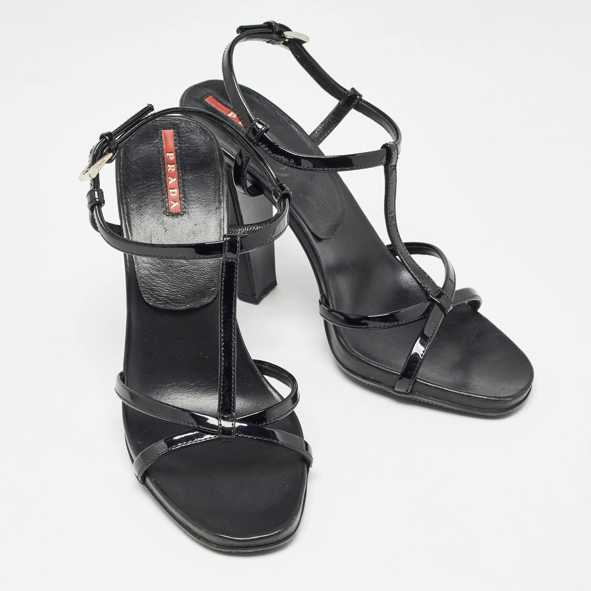 Prada Black Patent Leather Ankle Strap Sandals Size 38