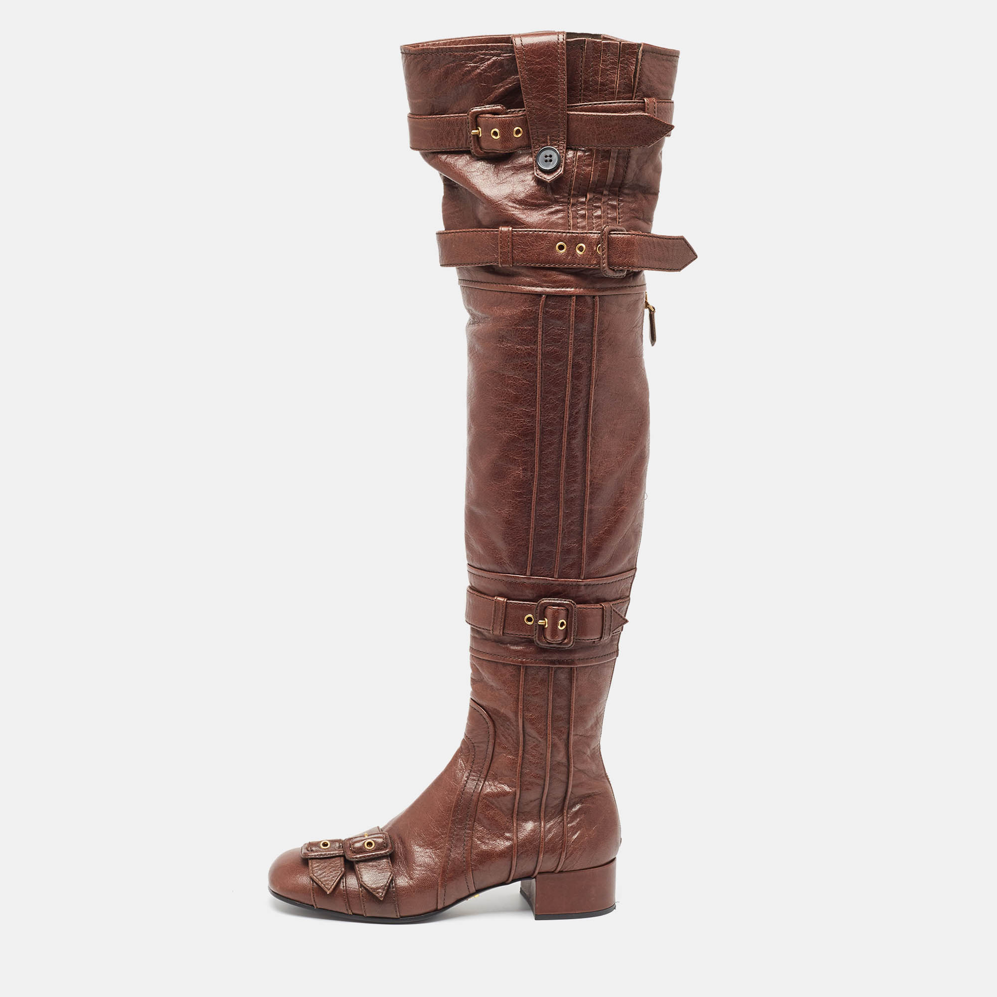 

Prada Brown Leather Buckle Over The Knee Boots Size