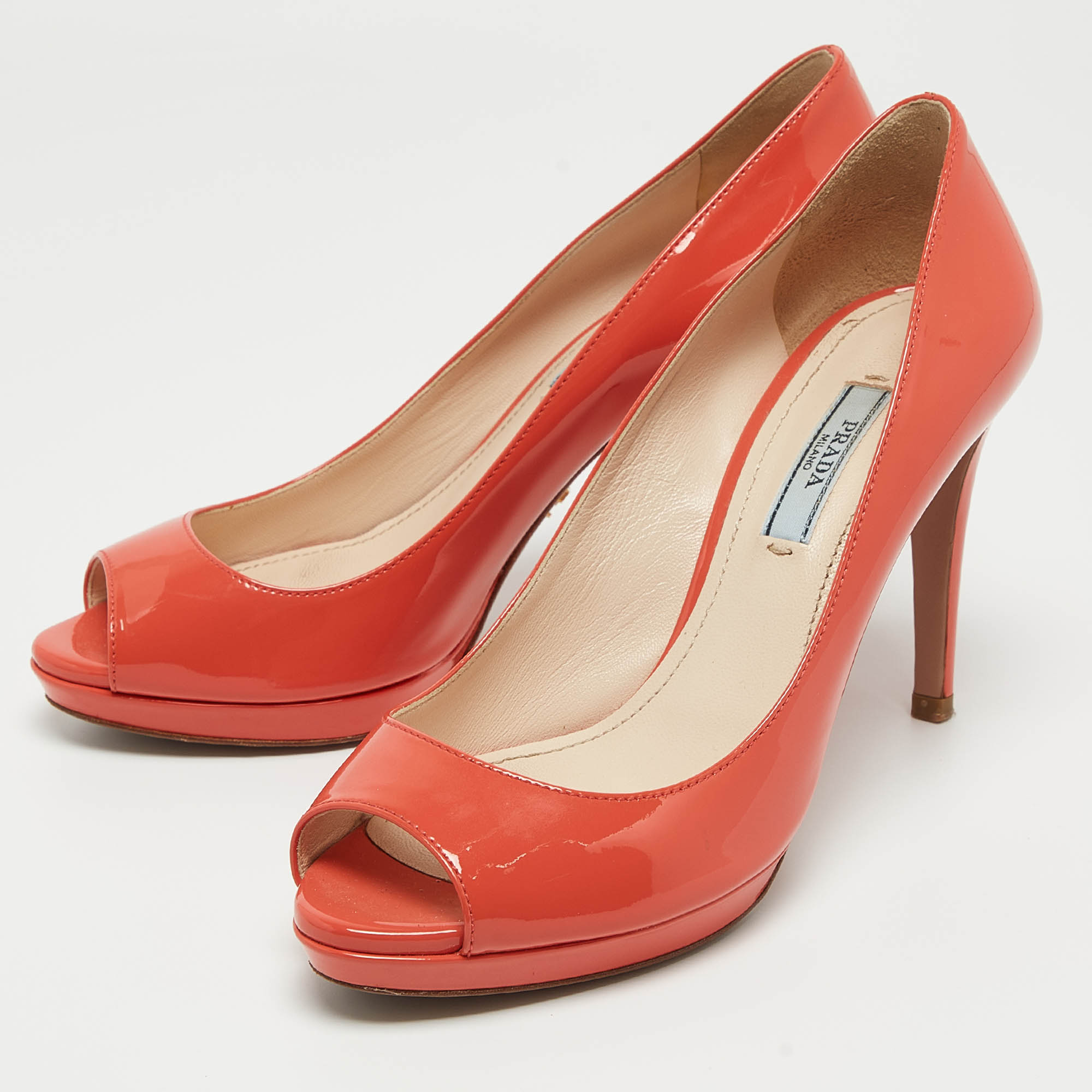 Prada Coral Pink Patent Leather Peep Toe Platform Pumps Size 36.5