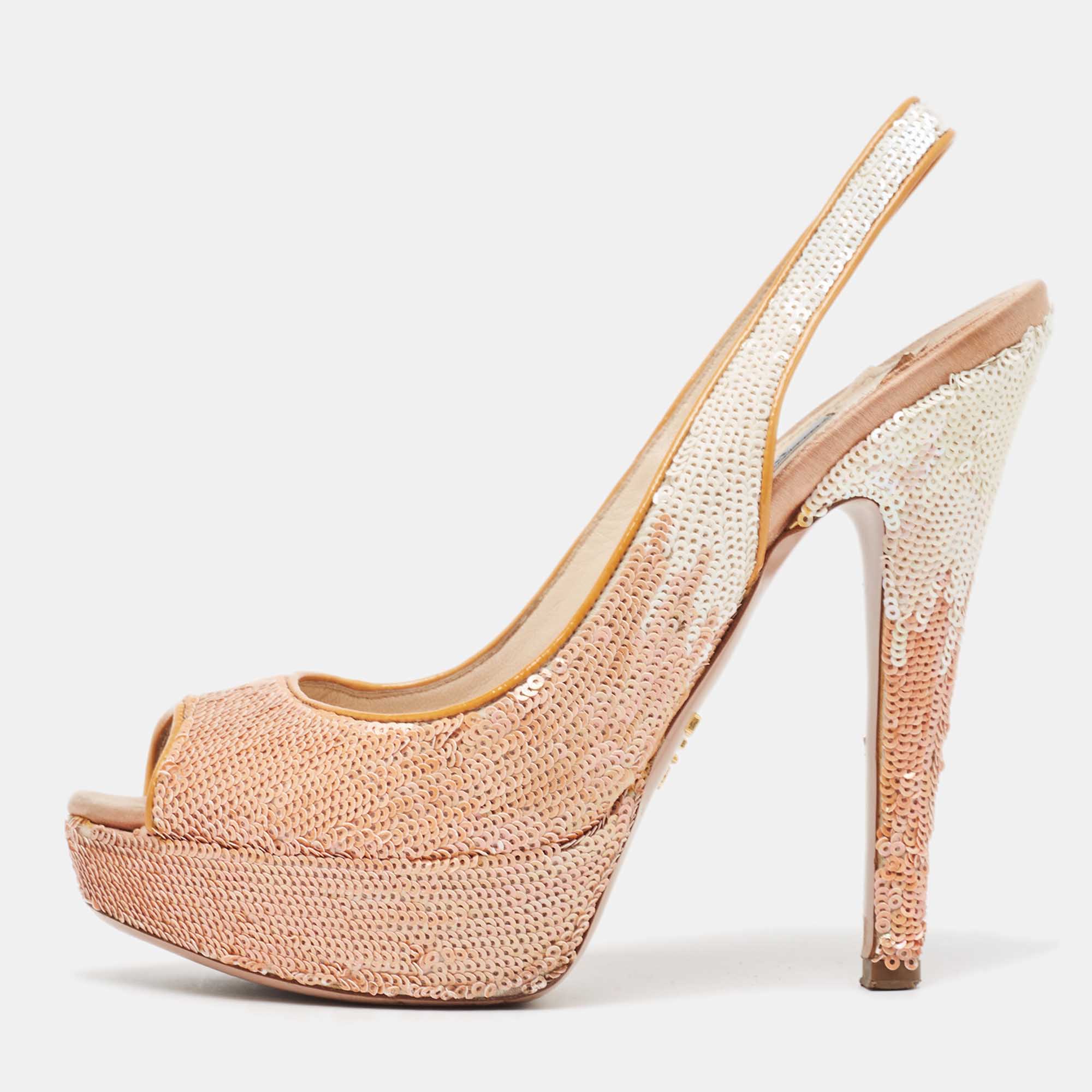 Prada pink/white sequins peep toe platform slingback sandals size 36.5