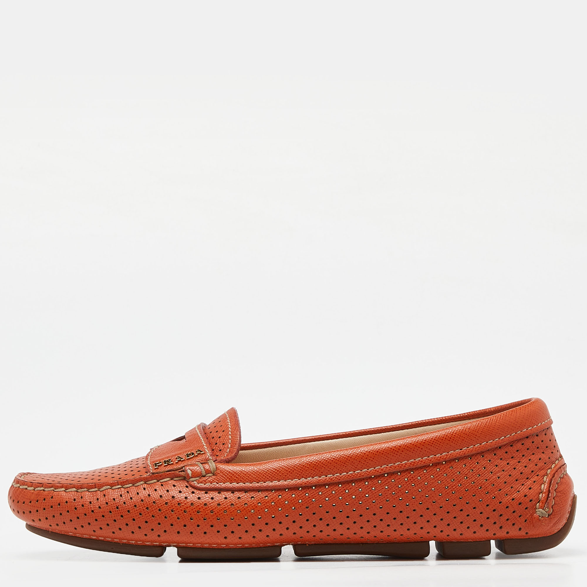 Prada orange perforated leather penny loafers size 36