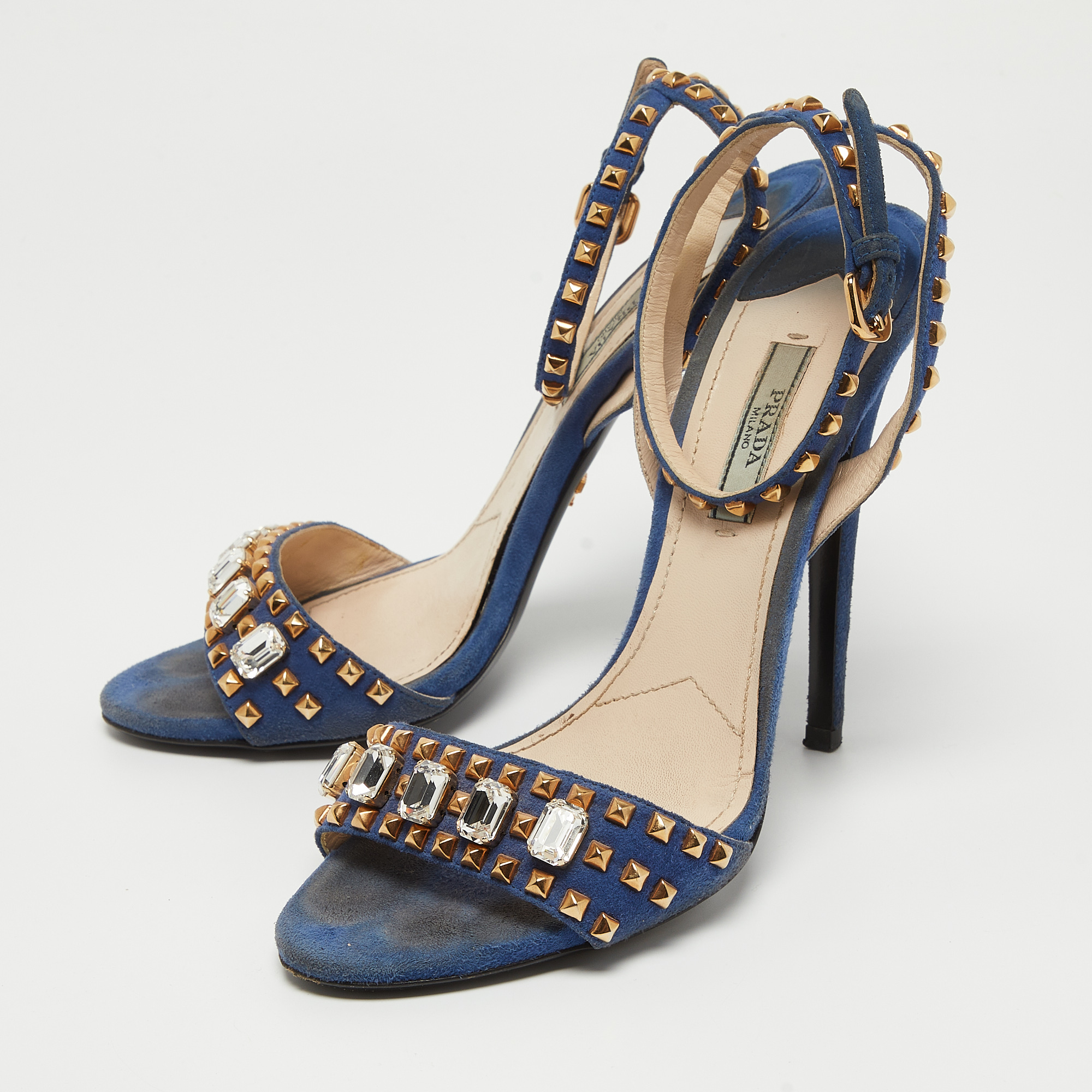 Prada Blue Suede Crystal Embellished Ankle Strap Sandals Size 38