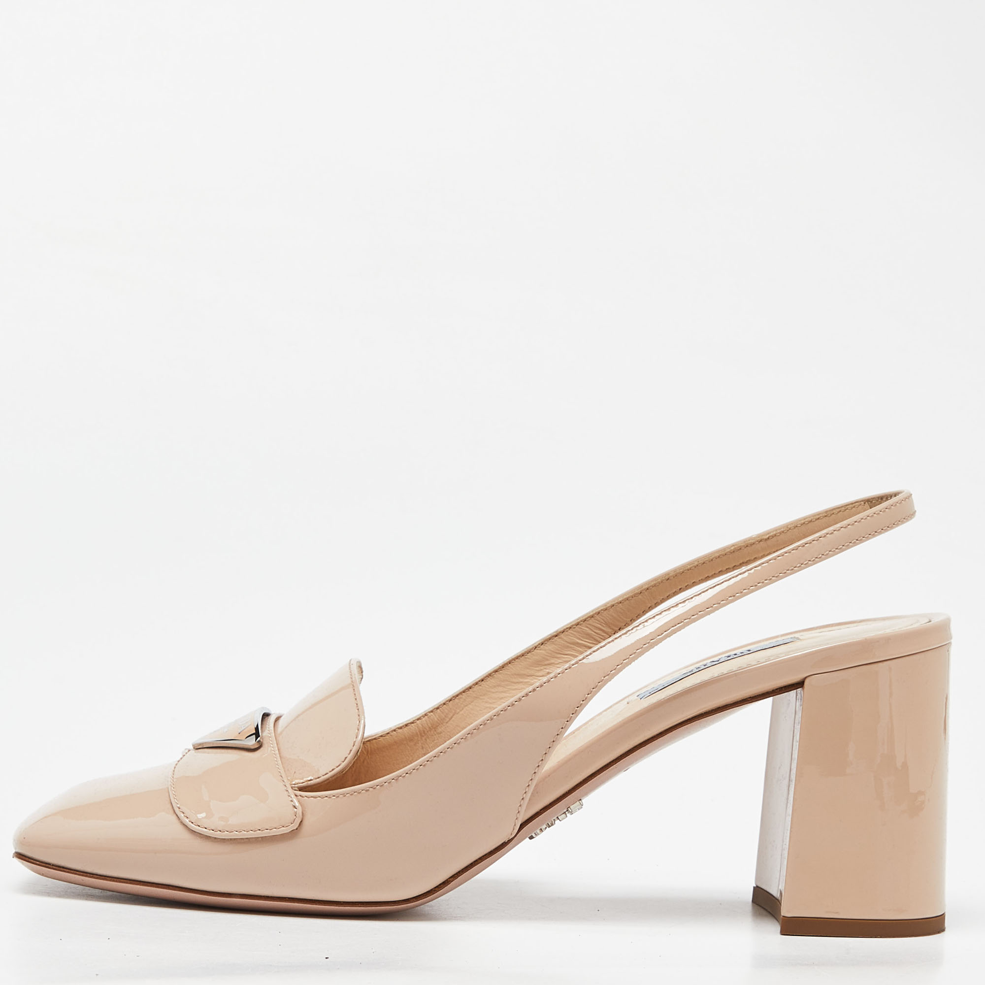 Prada beige patent leather block heel slingback sandals size 39.5